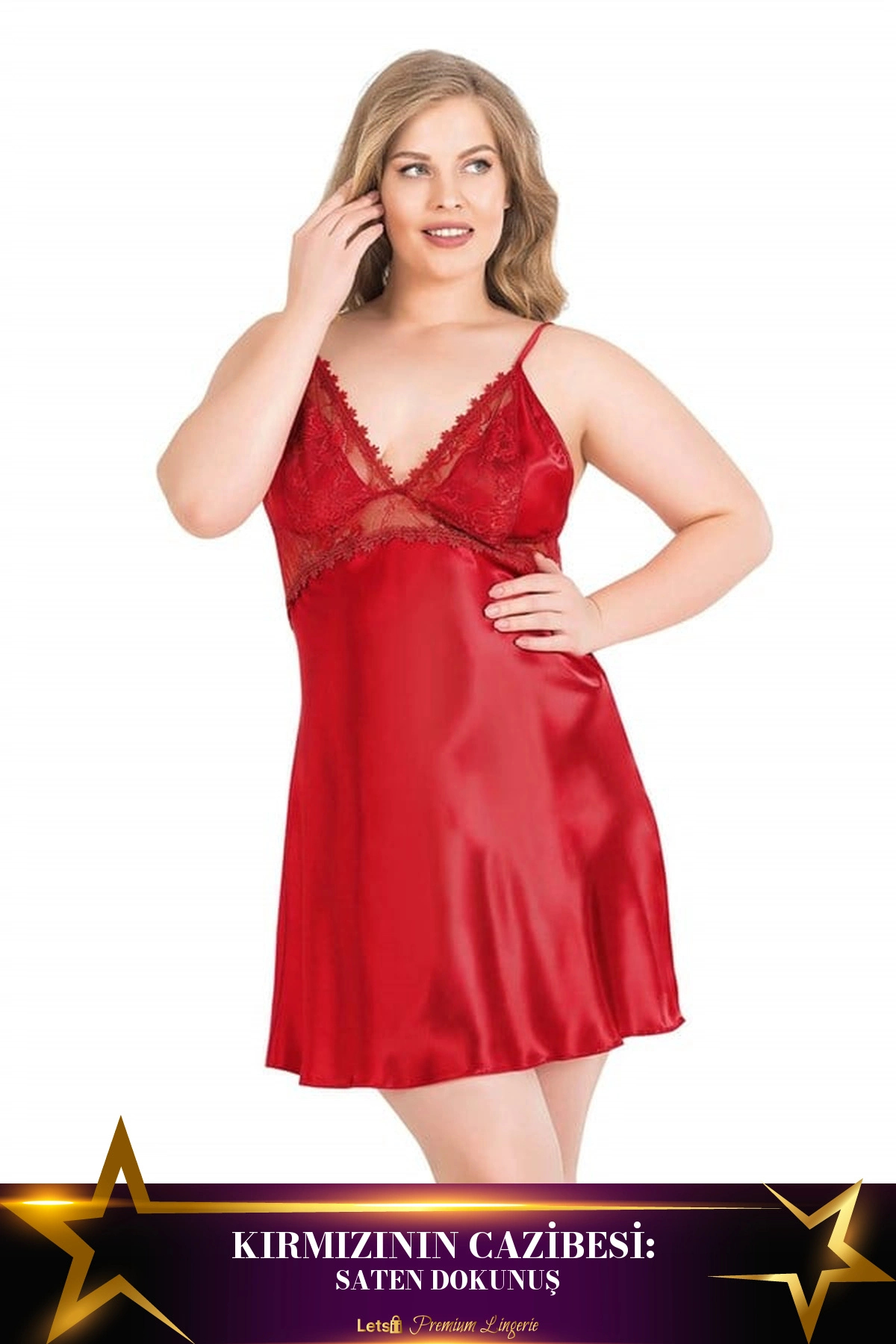 Letsii Büyük Kısa Saten Gecelik Kırmızı Renk