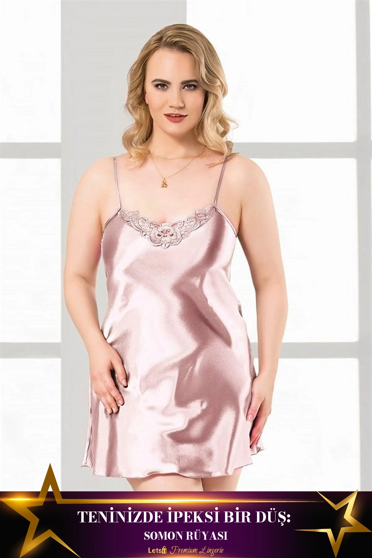 Letsii Büyük Kısa Saten Gecelik Somon Renk