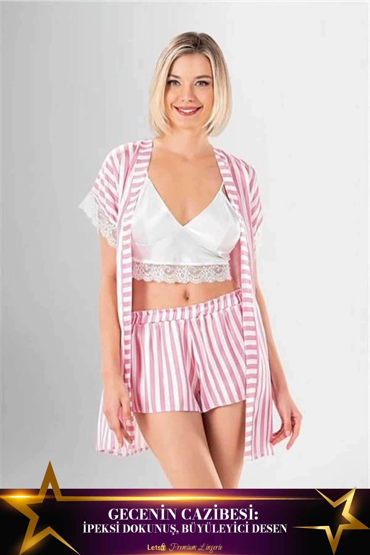 Letsii 3'Lü Desenli Saten Şort Takımı Standart Renk