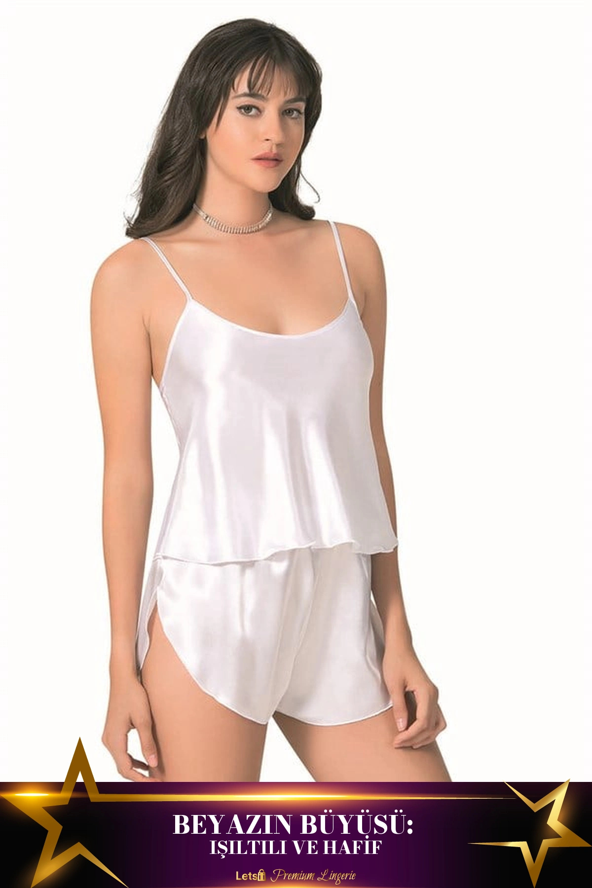 Letsii Saten Babydoll Şortlu Takım Beyaz Renk