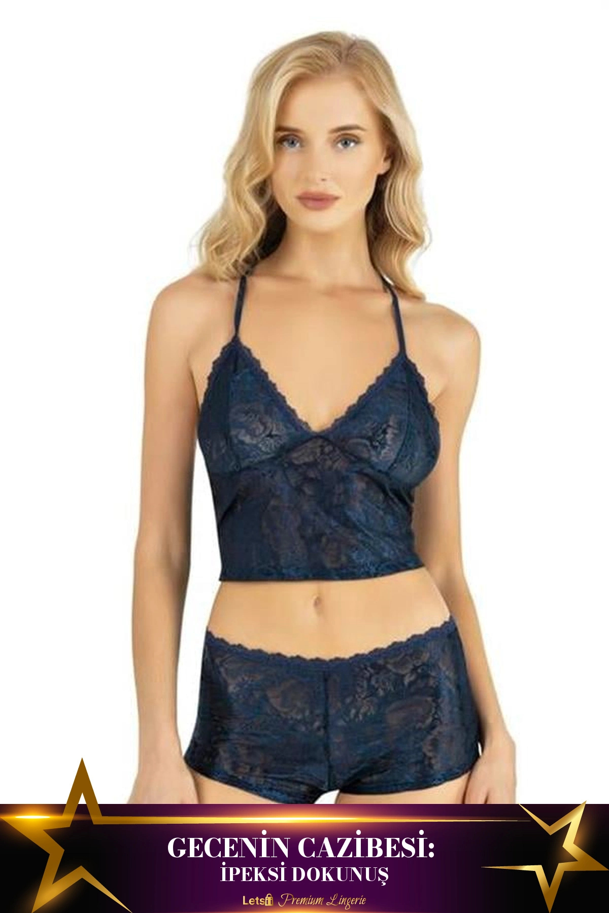 Letsii Saten Şortlu Takım İki Parça Konforlu Kesim Lacivert Renk