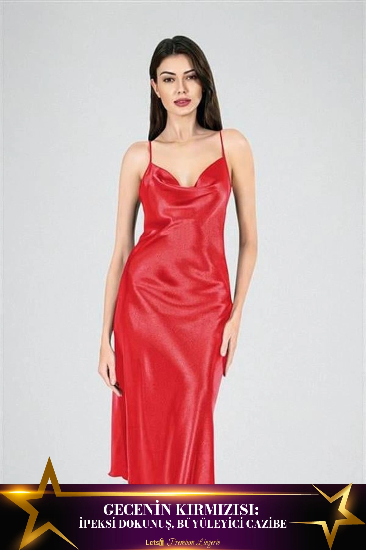 Letsii Uzun Saten Degaje Gecelik Kırmızı Renk