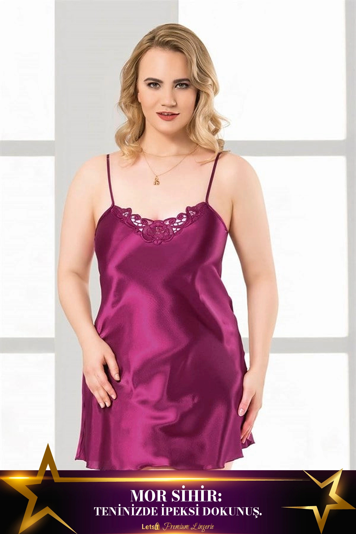 Letsii Büyük Kısa Saten Gecelik Mor Renk