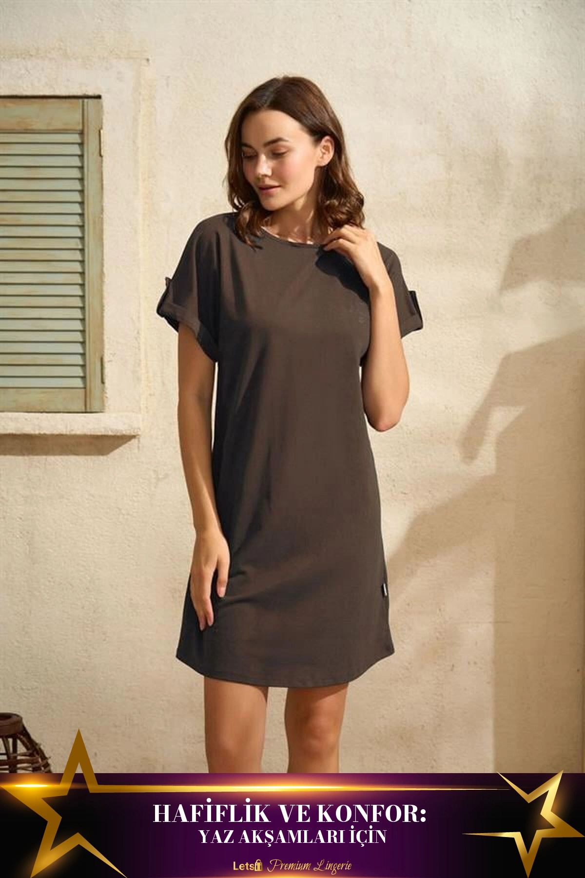 Letsii Kısa Kollu Bisiklet Yaka Pamuklu Pijama Takımı Kahverengi Renk