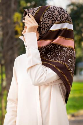 VİOLLA Twill Gold Detaylı ve Geometrik Desenli Kahverengi - Pudra Renkli 90x9...