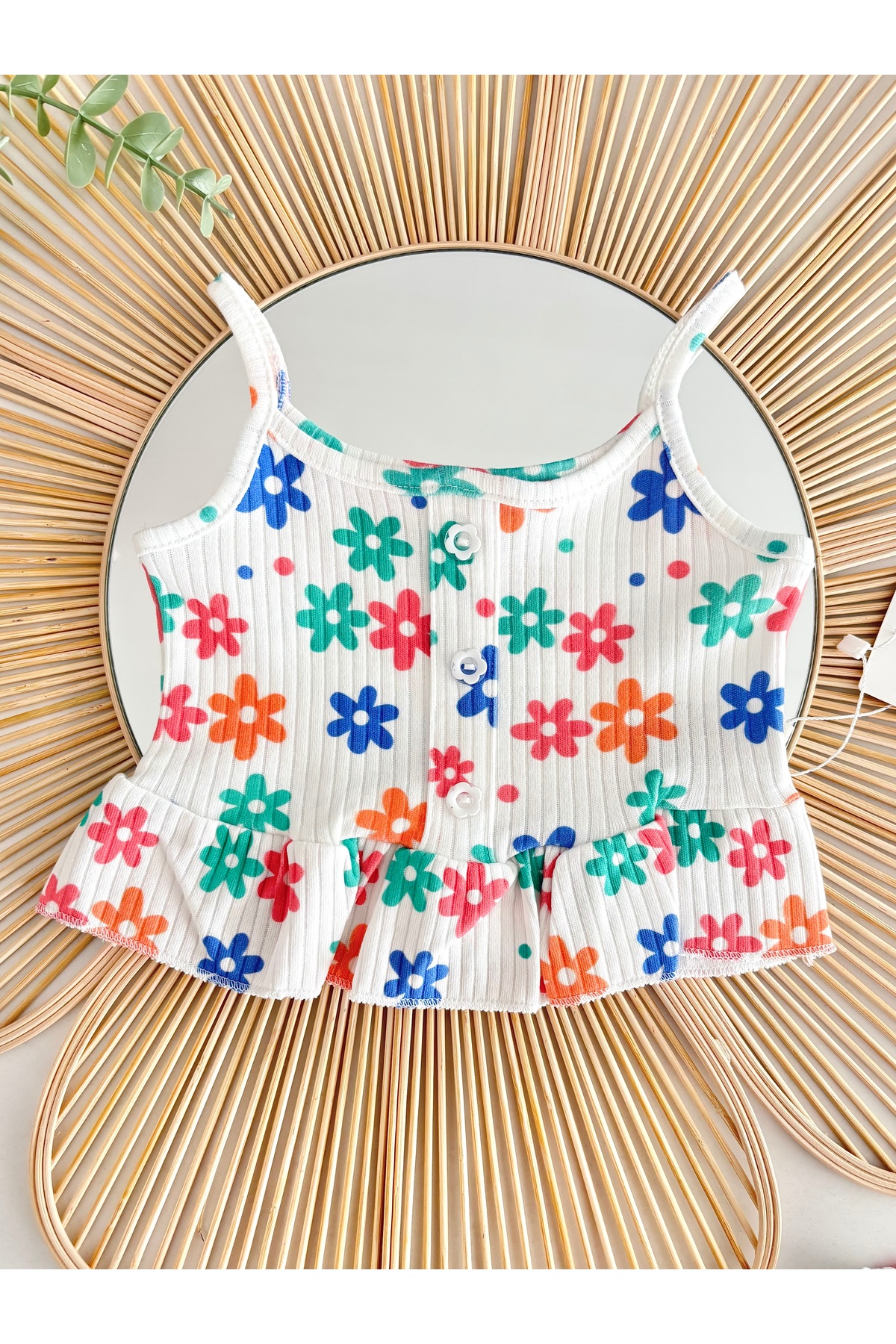 Jammybaby Renkli Papatyalar Askılı Body İspanyol Pantolon Kaşkorse %100 Pamuk Kız Bebek Yazlık Takım-BEYAZ fotoğrafı 3 (önizleme)