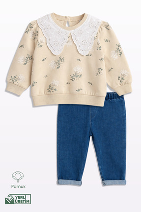 Lamonde Kot Pantolonlu Dantel Yaka Detaylı Bluzlu 2'li Takım 9-24 Ay