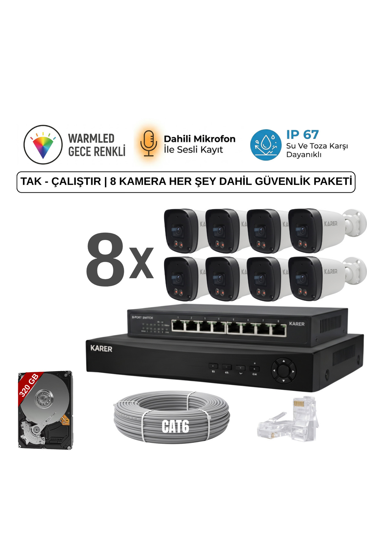 8'li ULTRA HD Serisi 5MP IP Kamera Paketi: Sesli & Renkli Gece Görüşlü POE Sistemi,İnsan ve Plaka Al