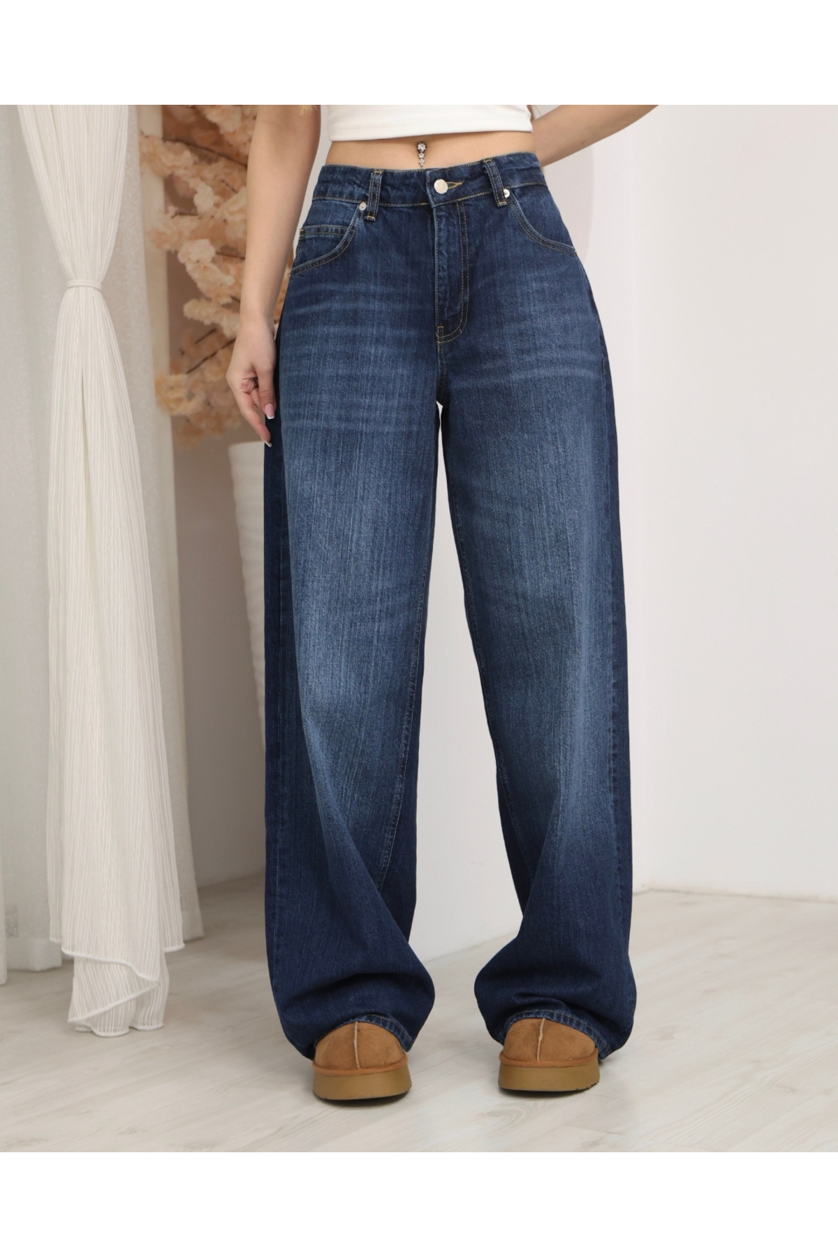 Kadın Lacivert Düşük Bel Baggy Jean Pantolon Geniş Paça Bol Kalıp Likrasız Denim