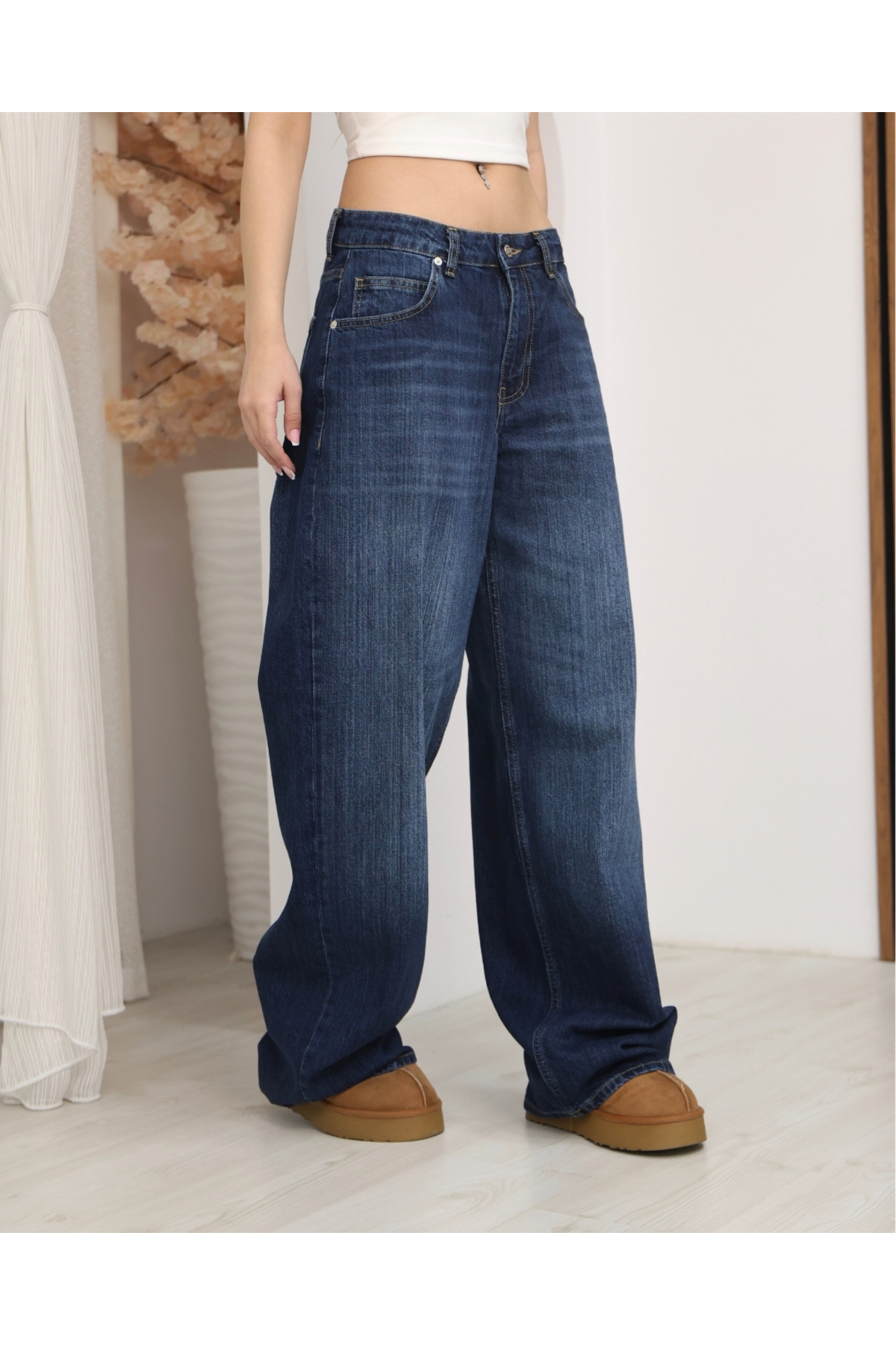 Kadın Lacivert Düşük Bel Baggy Jean Pantolon Geniş Paça Bol Kalıp Likrasız Denim