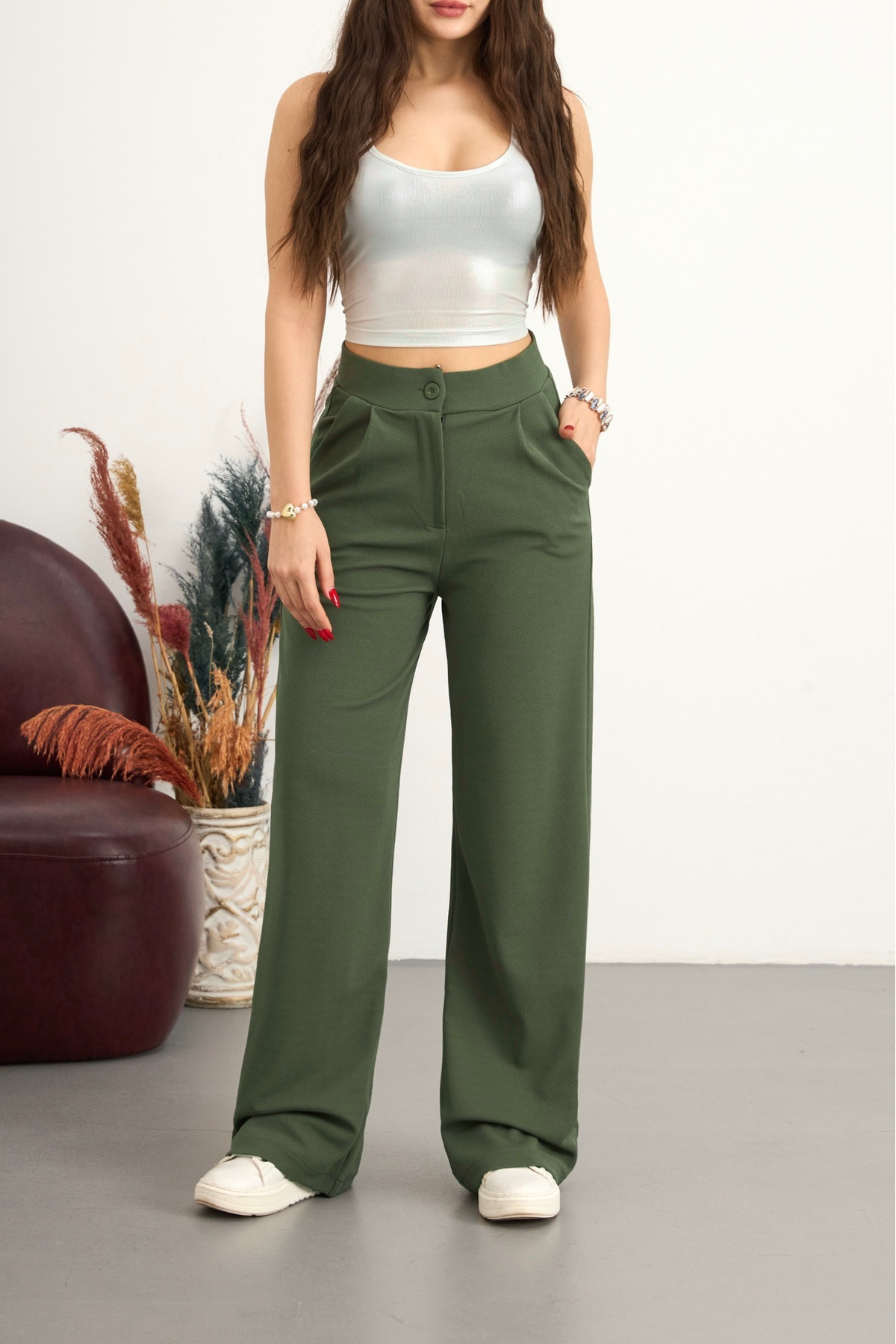 BİKELİFE  Kadın Yüksek Bel Cepli Esnek Geniş Haki Pantolon - Görsel 4