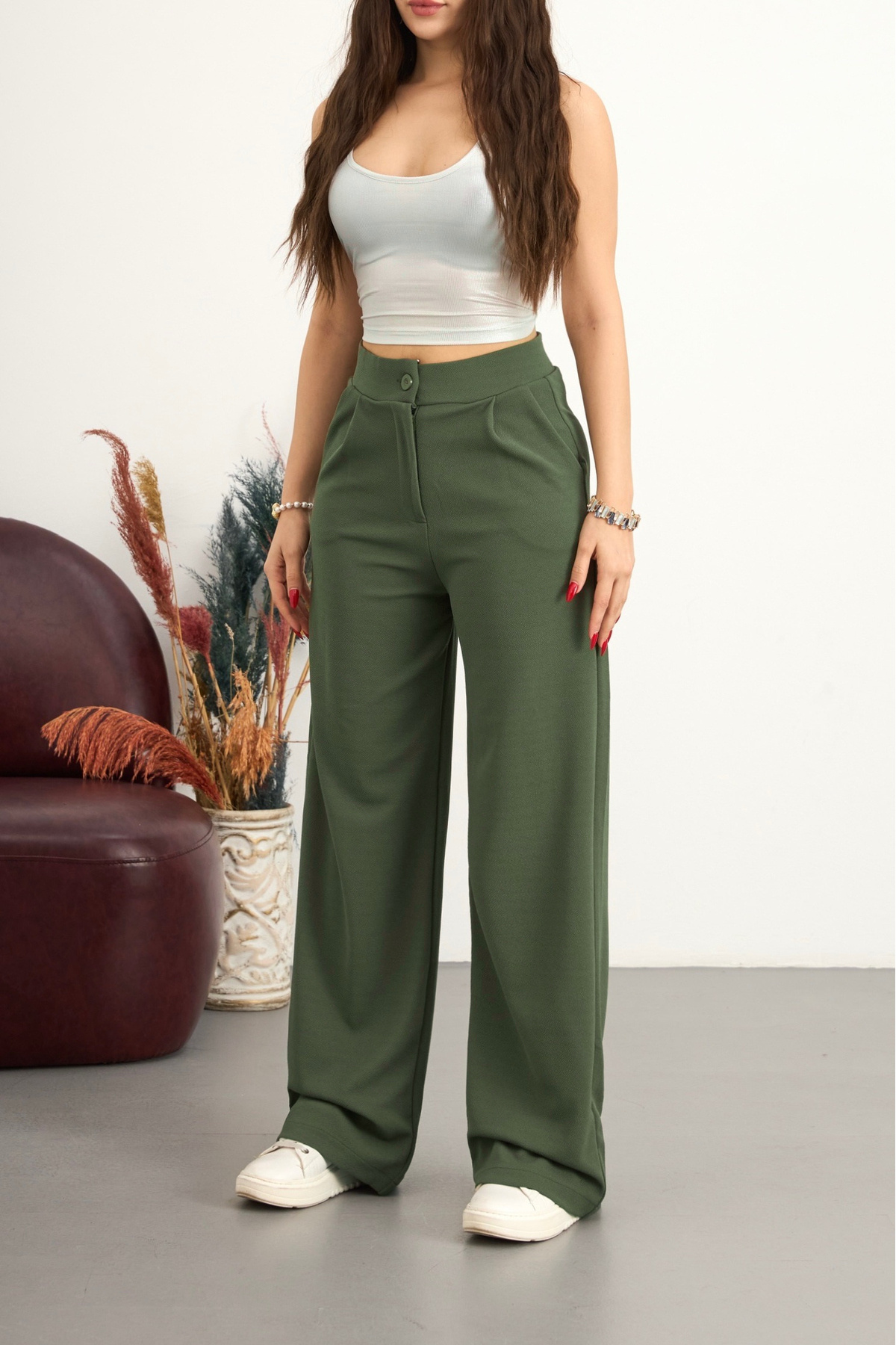 BİKELİFE  Kadın Yüksek Bel Cepli Esnek Geniş Haki Pantolon - Görsel 2