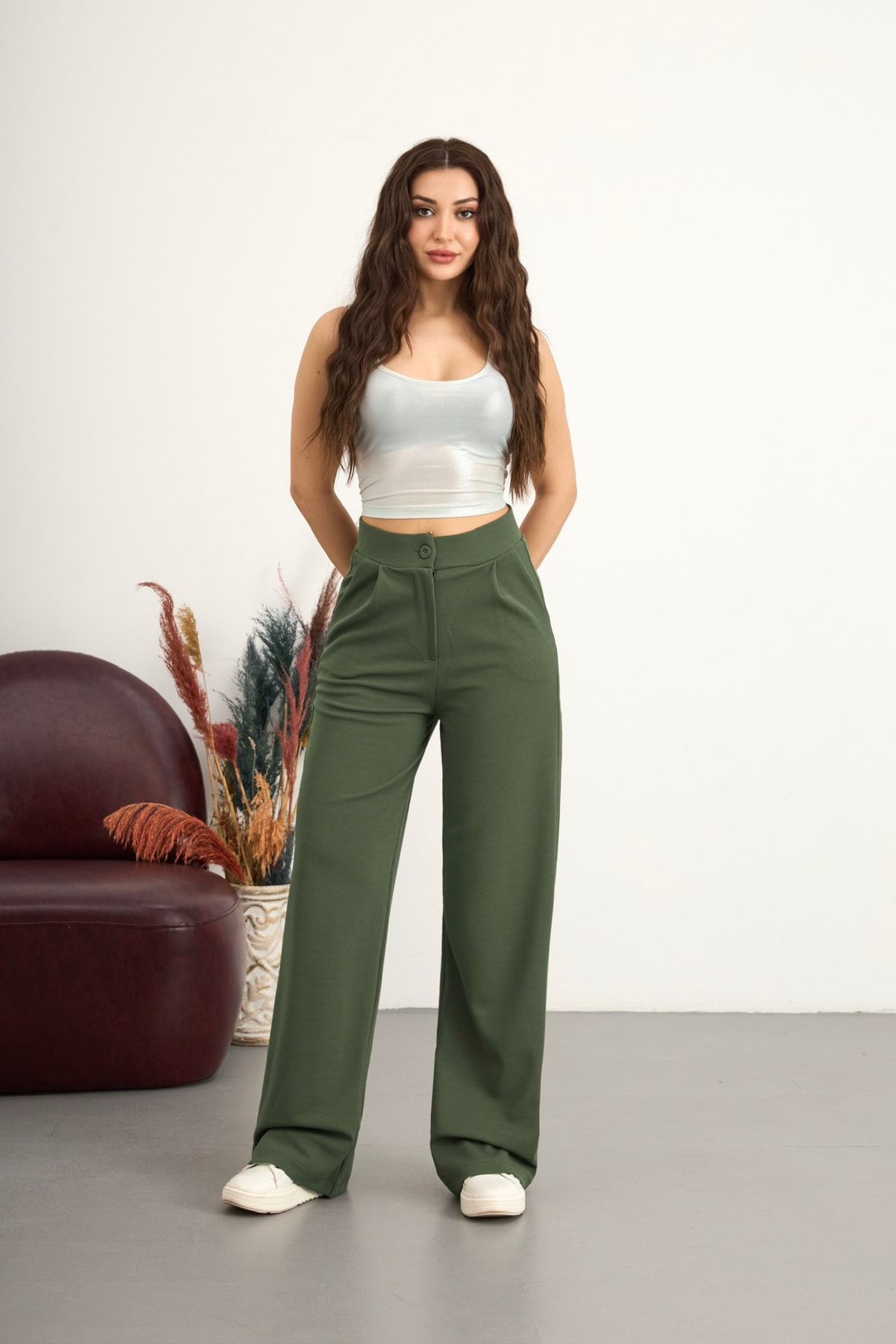 BİKELİFE  Kadın Yüksek Bel Cepli Esnek Geniş Haki Pantolon - Görsel 8