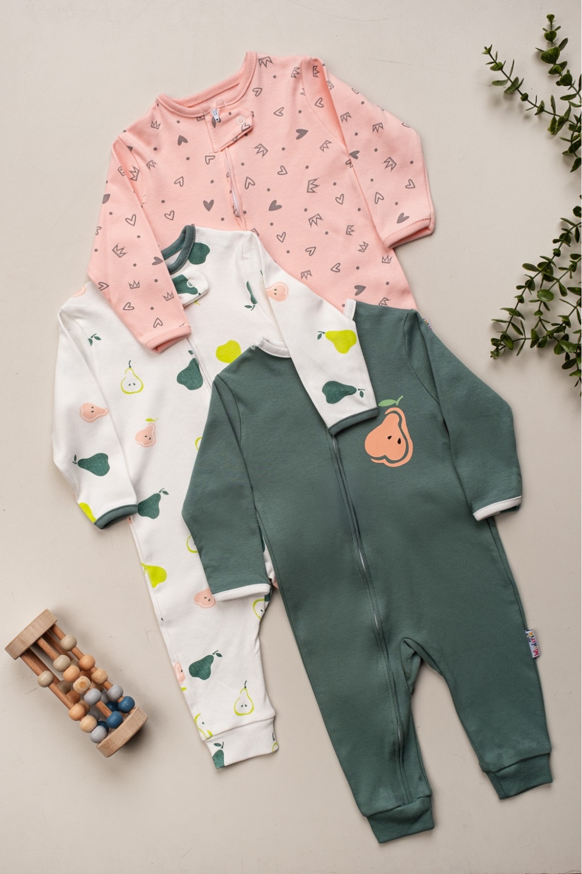 Mıdırık Unisex Erkek Bebek Kız Bebek %100 Pamuklu 9- 18 Ay Fermuarlı 3'lü Armut Desenli Manşetli Tulum Seti fotoğrafı 2 (önizleme)