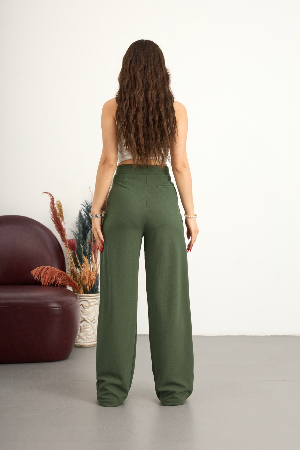 BİKELİFE  Kadın Yüksek Bel Cepli Esnek Geniş Haki Pantolon - Görsel 5