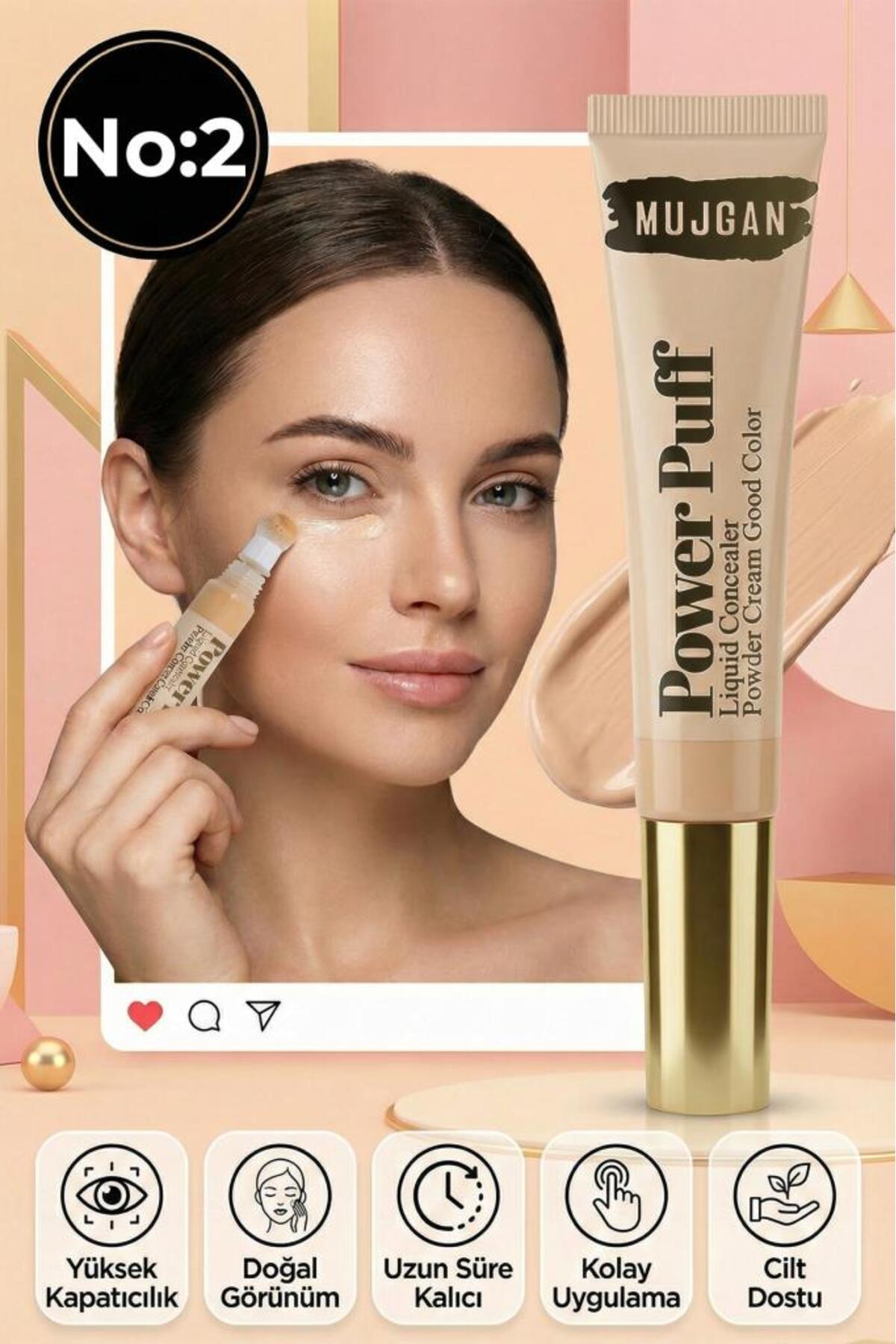 MUJGAN Power Puff Sünger Uçlu Likit Kapatıcı– Yüksek Kapatıcılık, Doğal Görünüm NO:2 - Fiyatı, Yorumları
