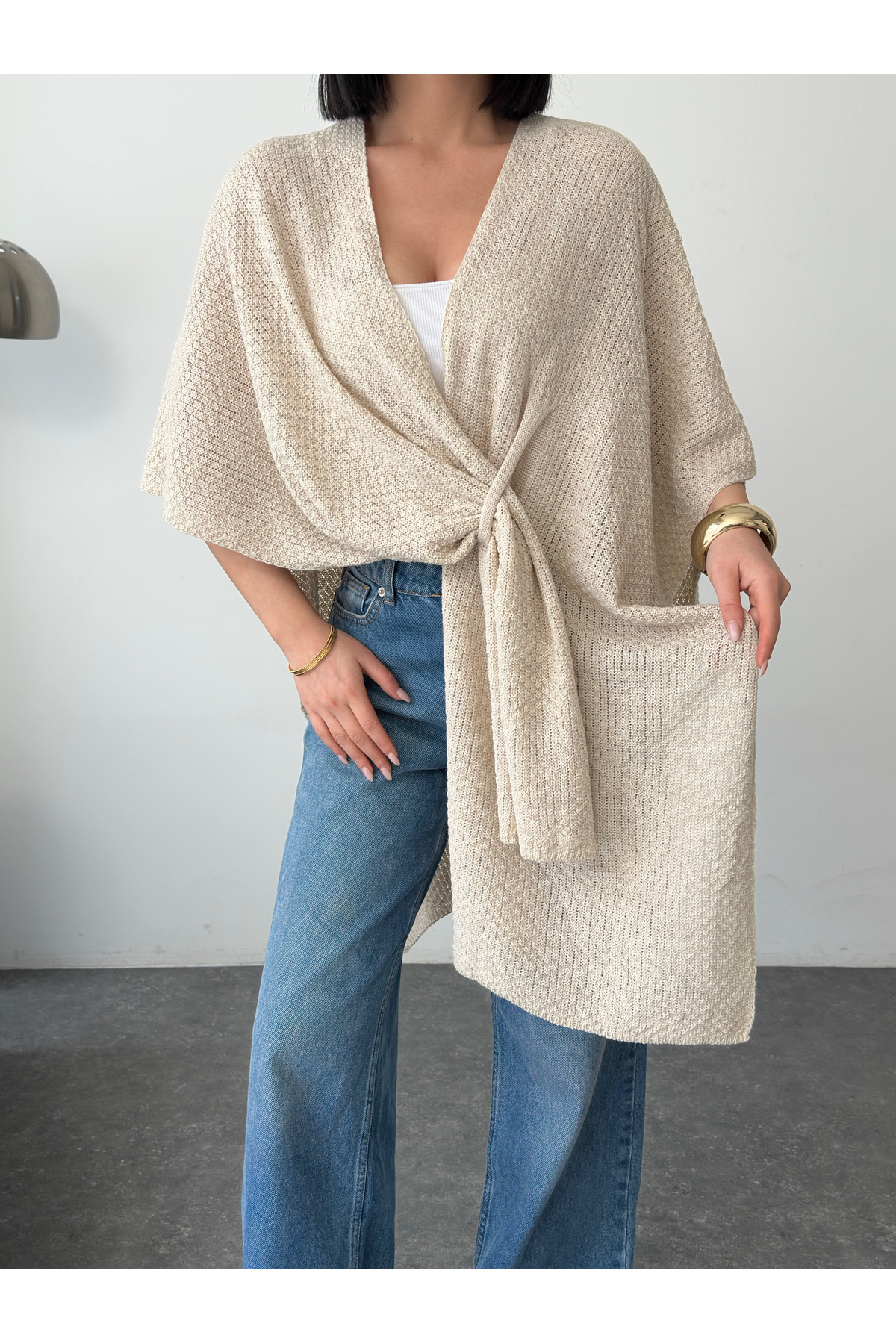 LE CARAMBOLE  Kadın Taş Ön Detaylı Panço Hırka - Görsel 4