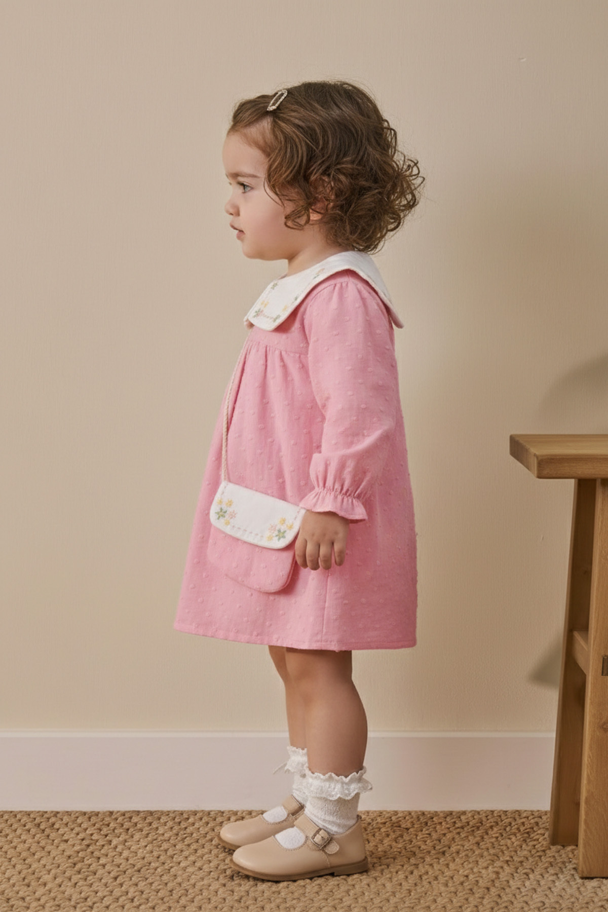 Minipodyum Kız Bebek Nakışlı Bebe Yaka Müslin %100 Pamuk Çantalı Bayramlık Elbise fotoğrafı 2 (önizleme)