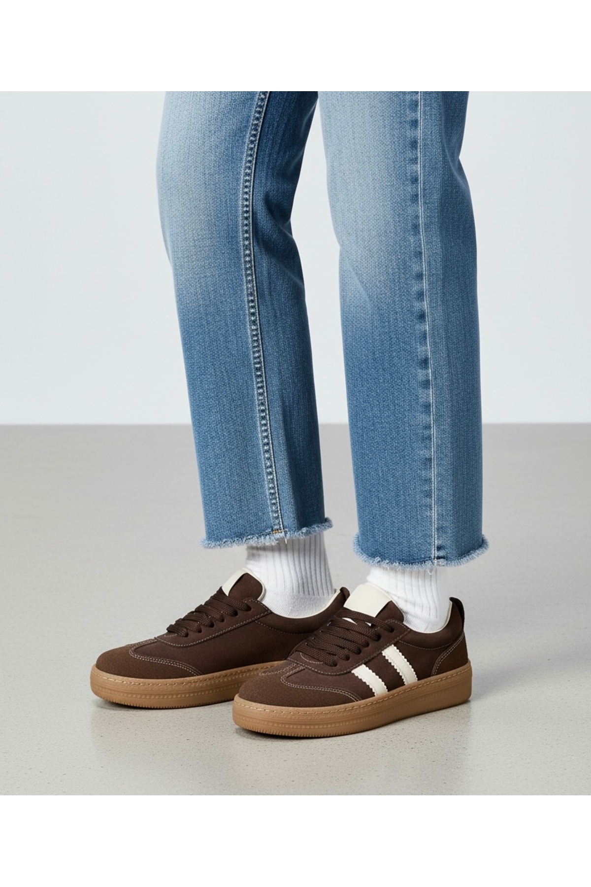 BonuStep Sambo Kadın Kahverengi Süet Detaylı Bağcıklı Çizgili Termo Taban Spor Ayakkabı Sneaker görsel 4
