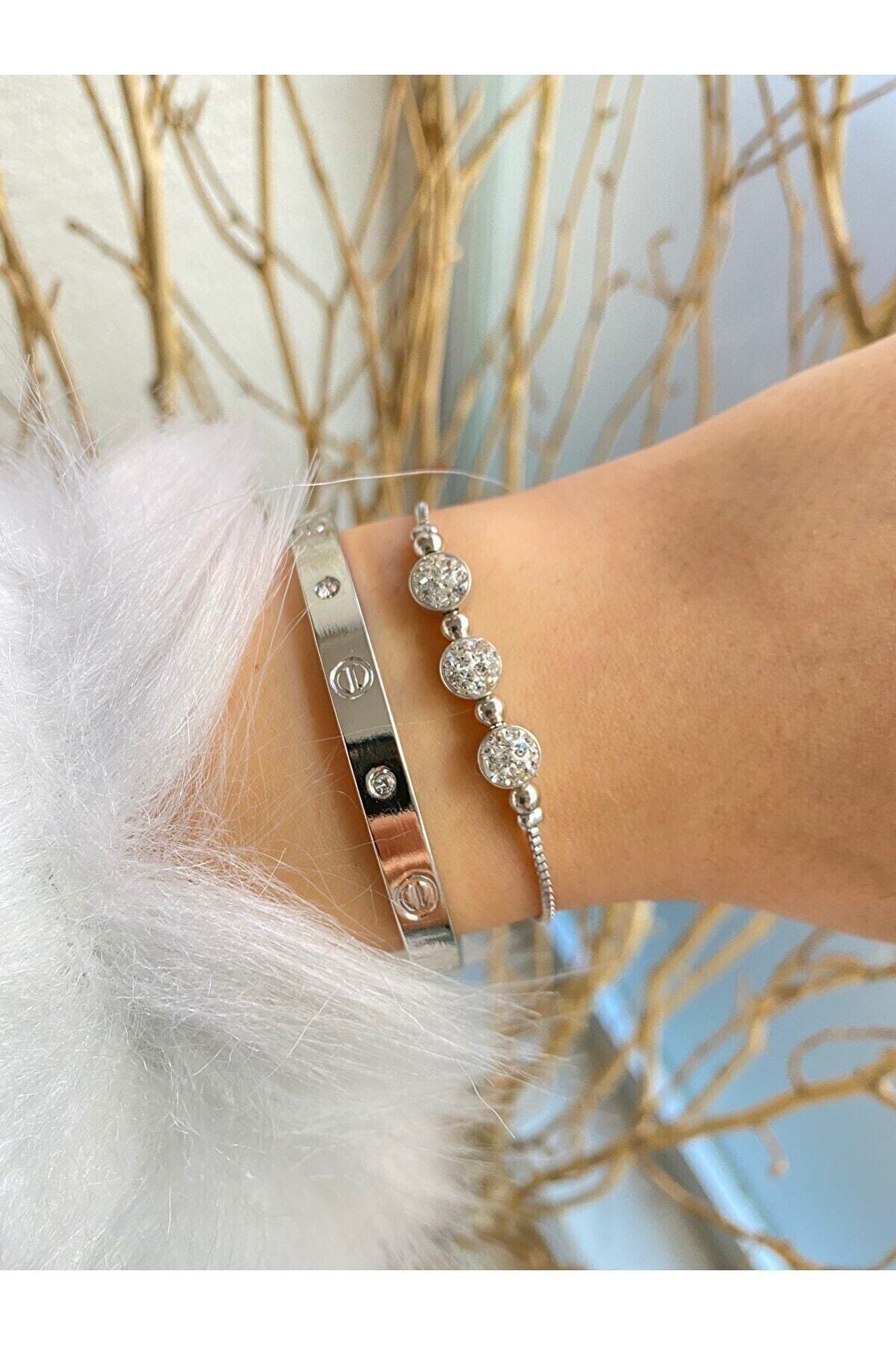 Clamp & Triple Stone Elevator Silver Color 2 Pieces Combination Bracelet Set Does Not Discolor