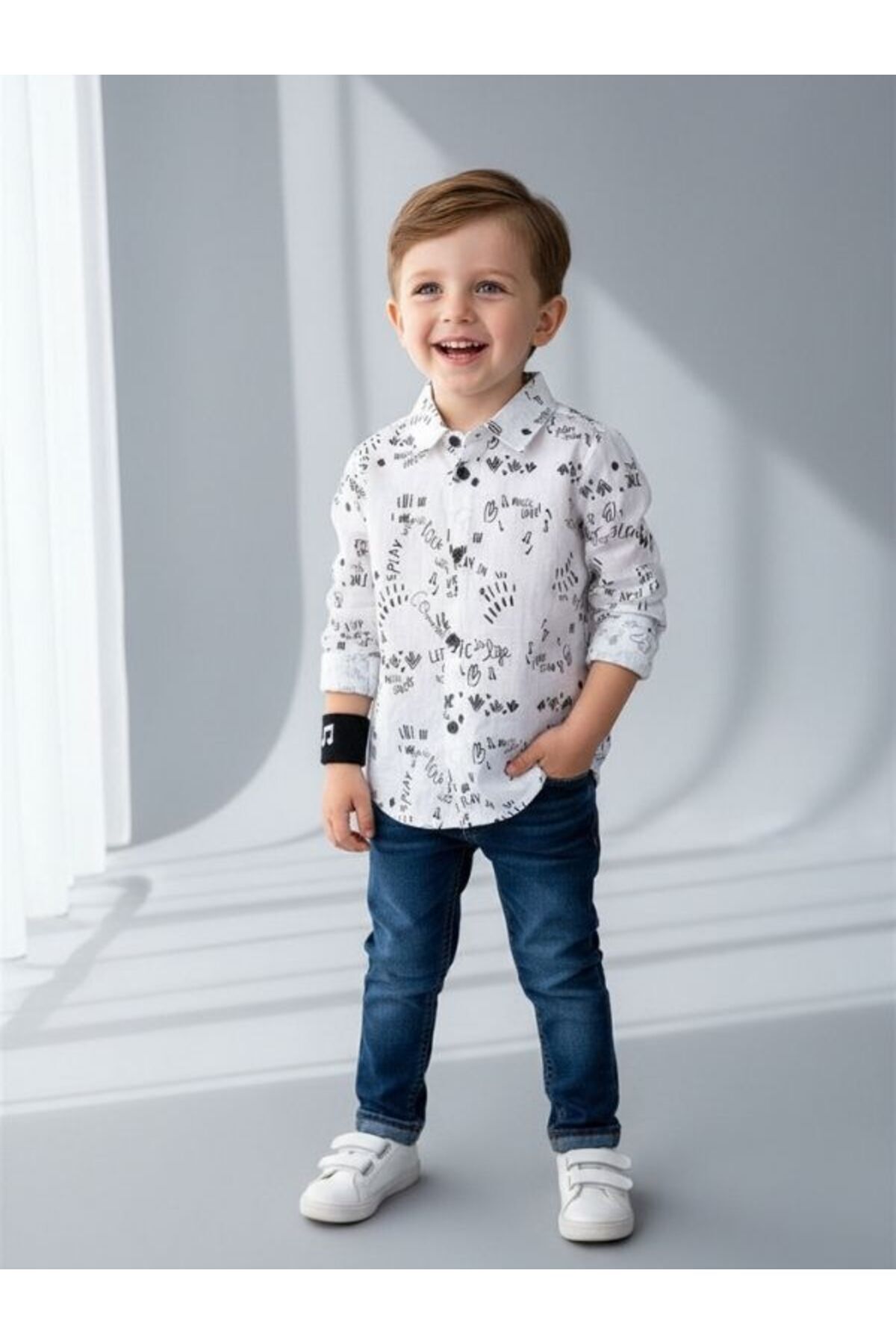 NK Erkek Çocuk Yüzde Yüz Pamuklu Katlanabilir Music Gömlek fotoğrafı 3 (önizleme)