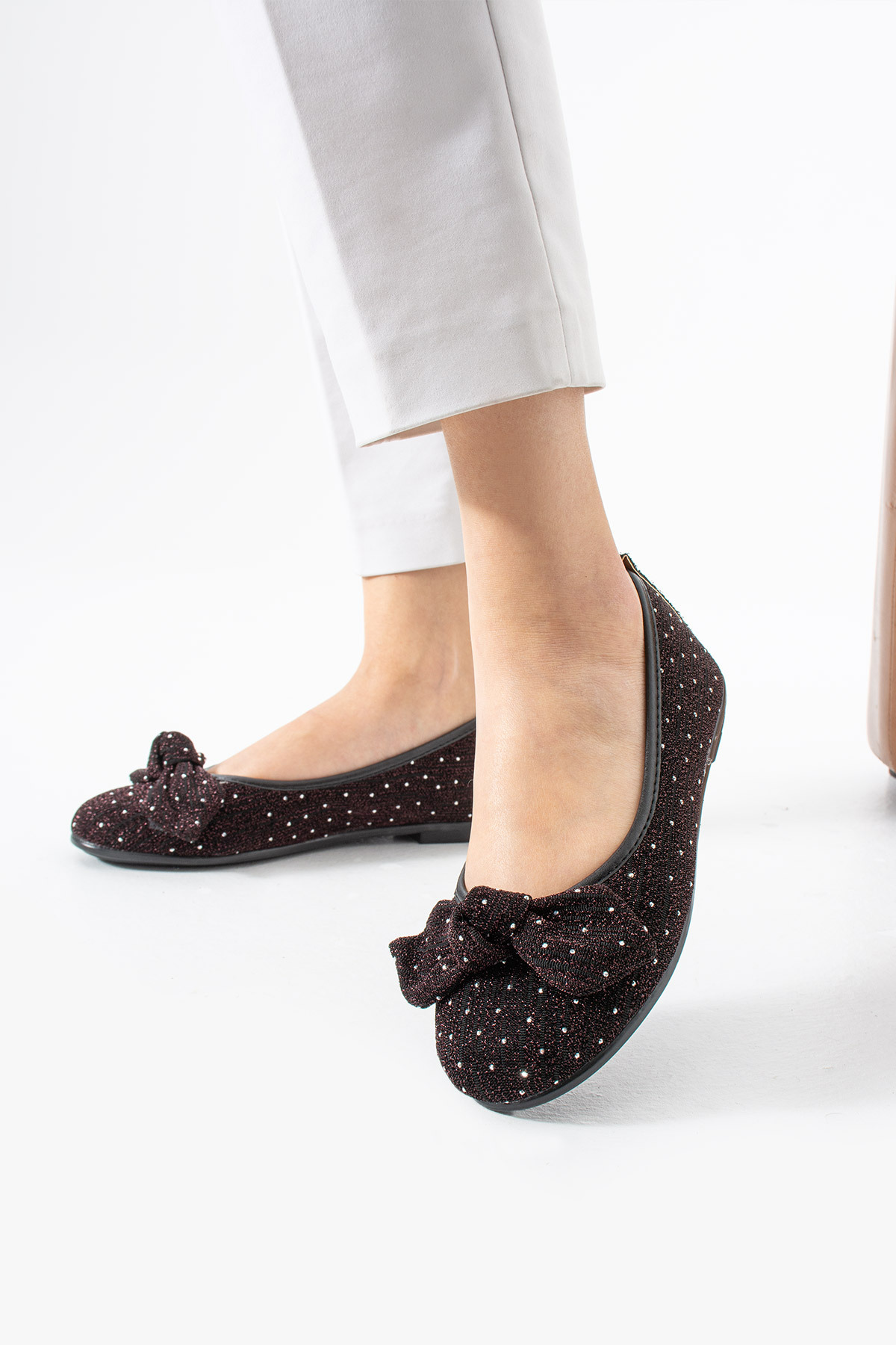 Moda Devrin Bordo İthal Taşlı Fiyonk Detay Babet görsel 8