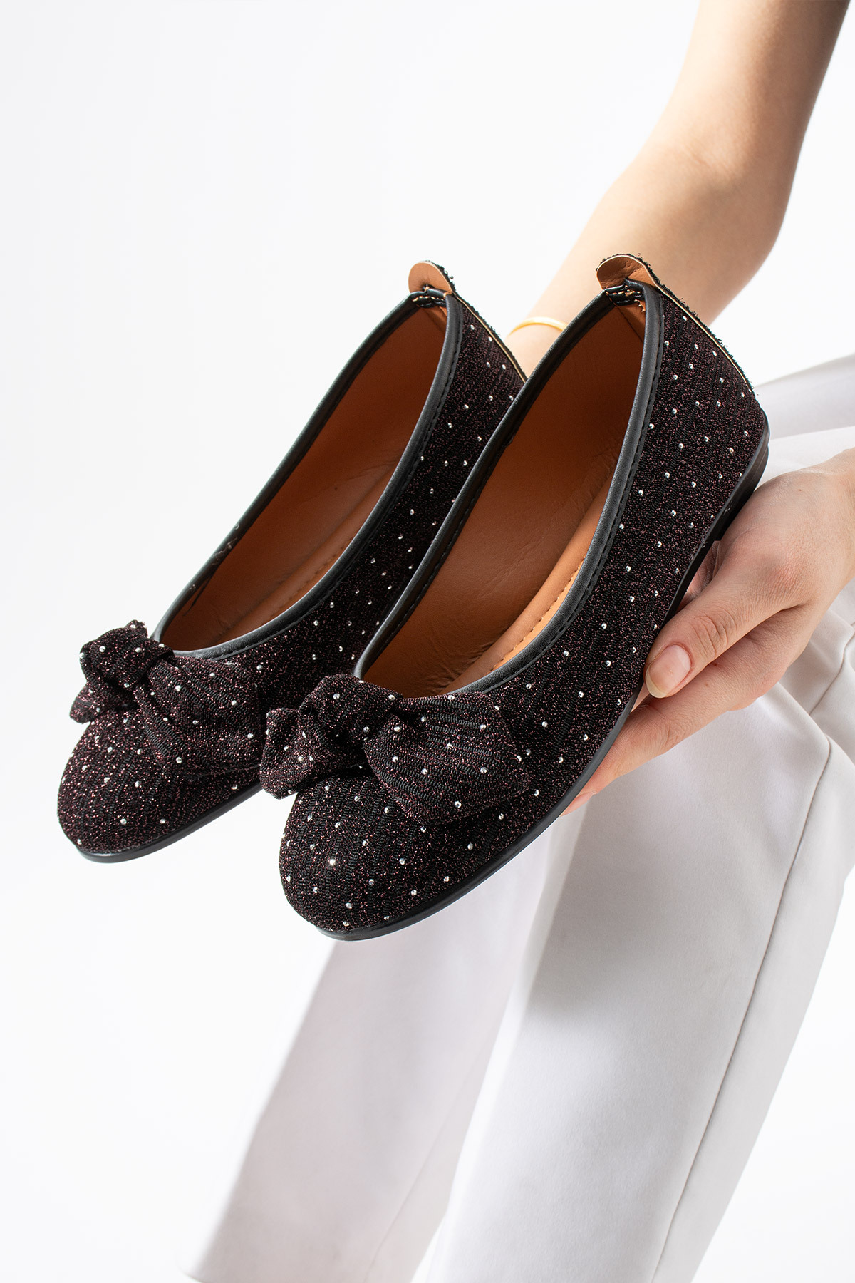 Moda Devrin Bordo İthal Taşlı Fiyonk Detay Babet görsel 6