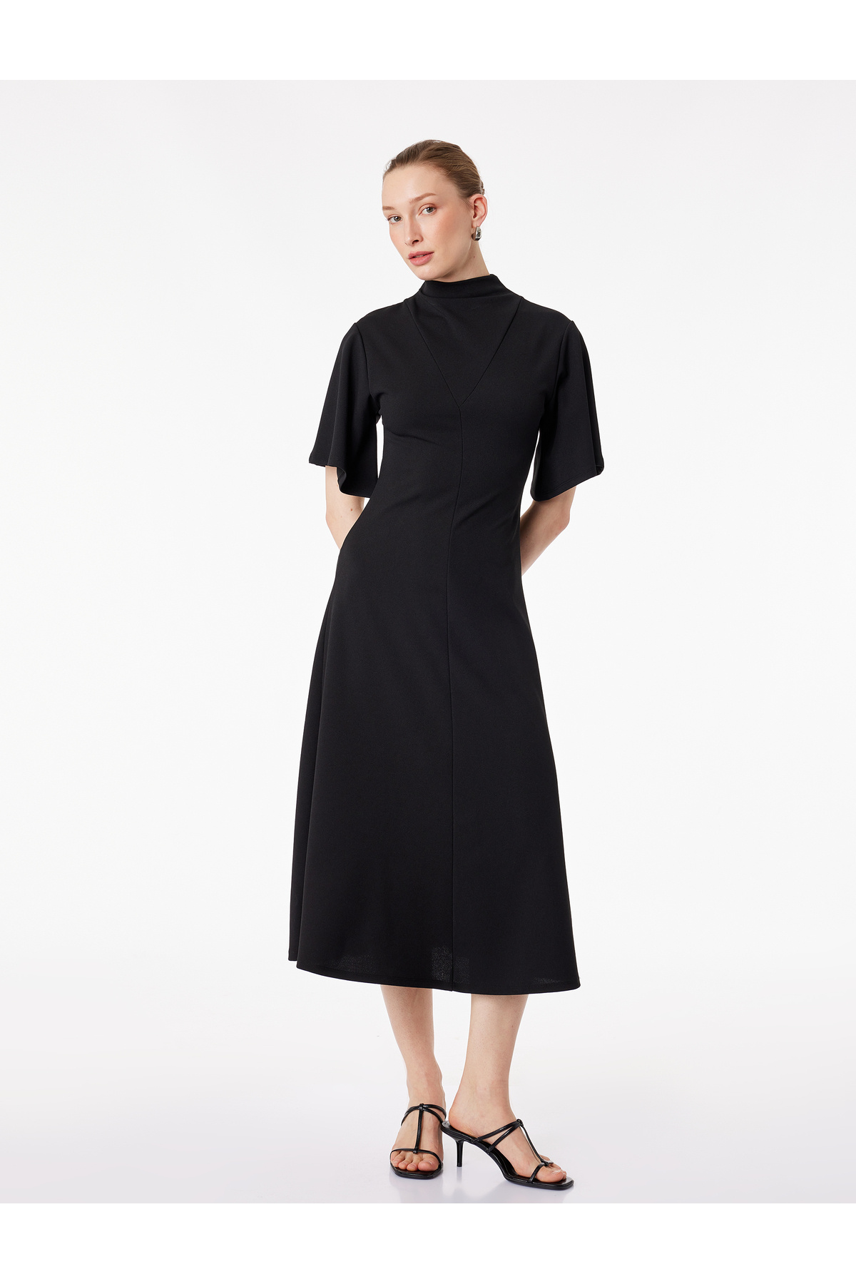 Koton Crepe Scuba Fabric Short Batwing Sleeves Wide Stand Collar Long Dress