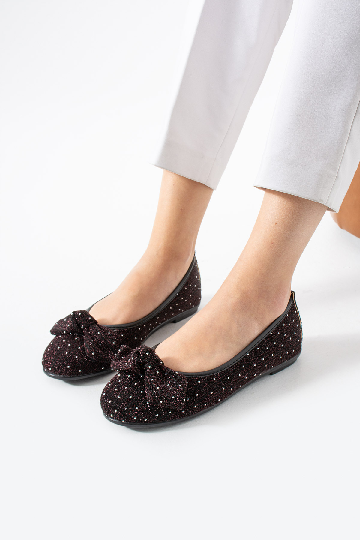 Moda Devrin Bordo İthal Taşlı Fiyonk Detay Babet görsel 2