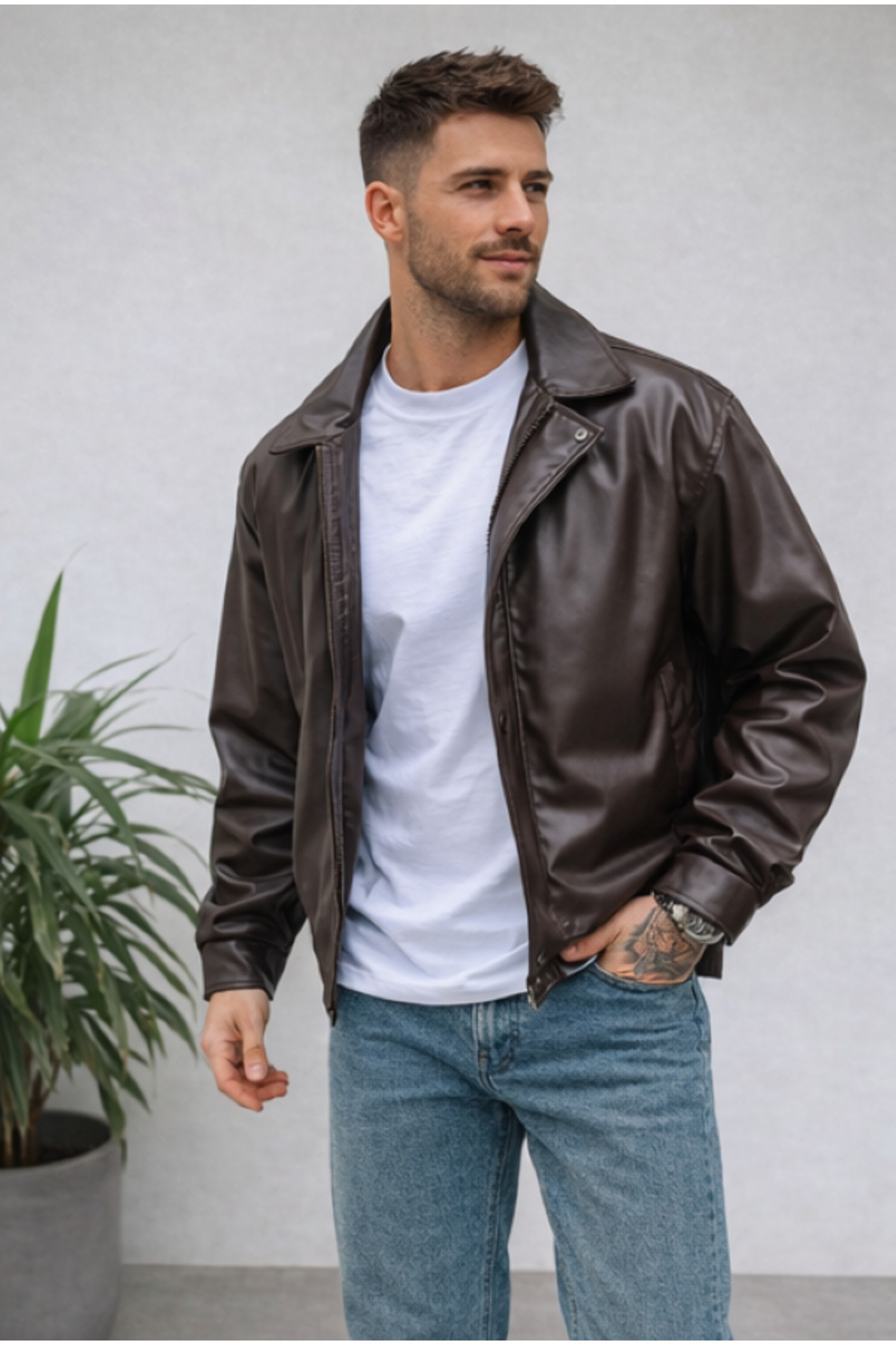 Rowsmen  Yeni Sezon Erkek kahverengi Oversize İç Astarlı Deri Ceket - Görsel 2