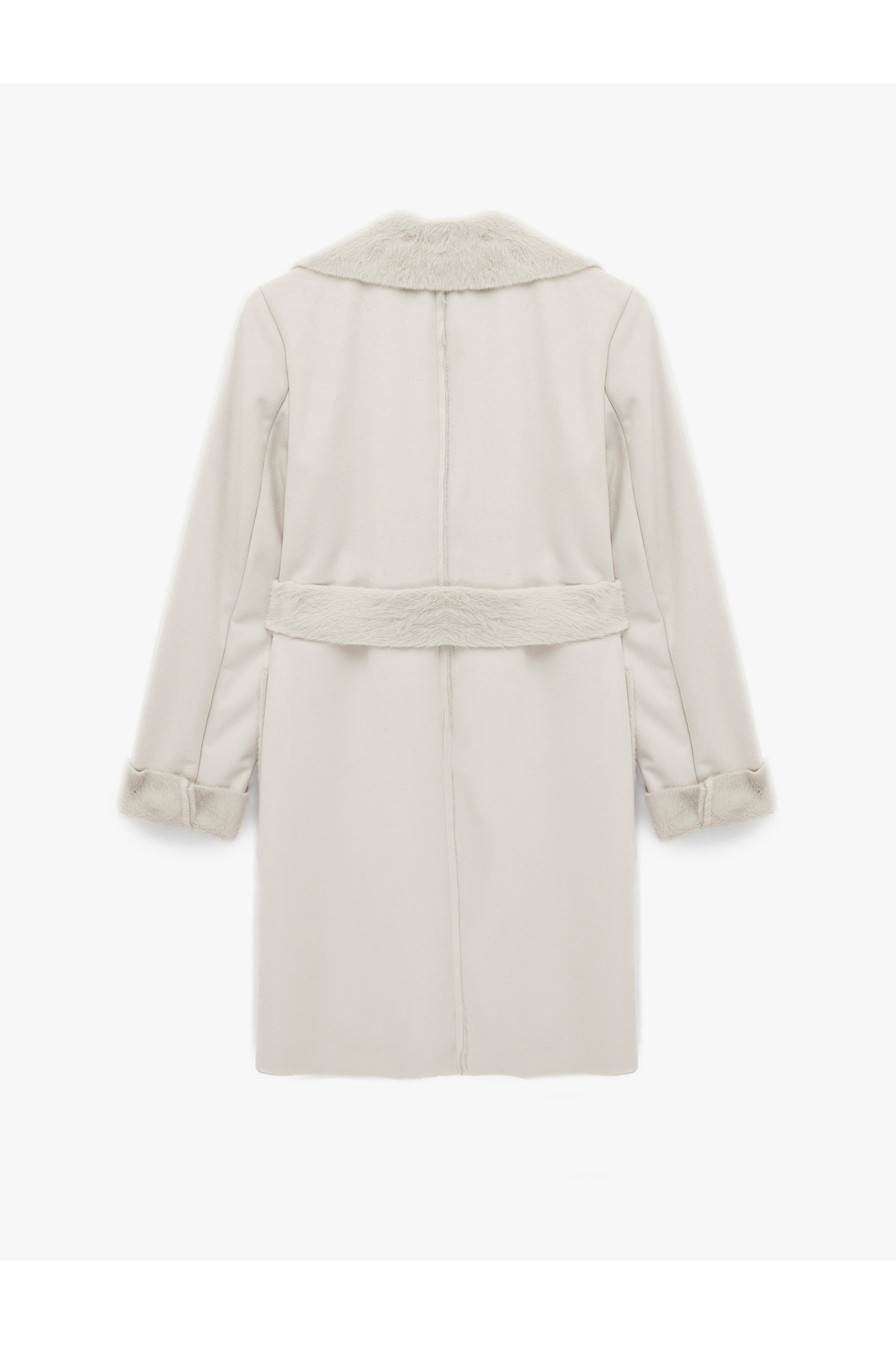 Koton  Uzun Kollu Cepli Kemerli Yakası Suni Kürklü Bonded Kaban - Görsel 4