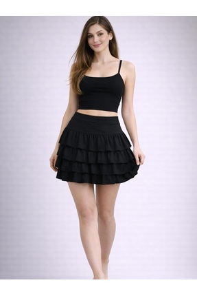 EXPECTED Siyah 4 Katlı Bürümcük Kumaş Likralı Mykonos Etek