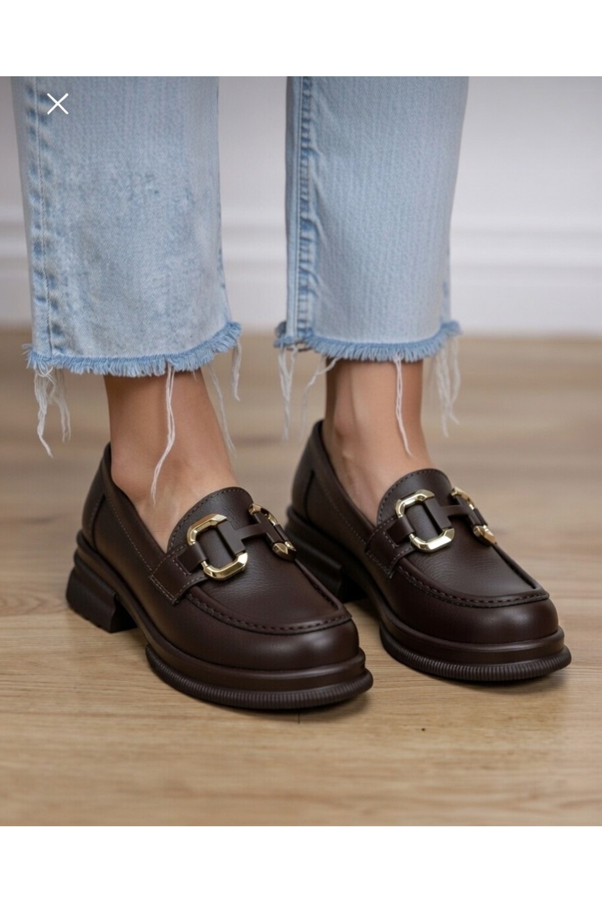 guijarro  Kalın Tabanlı Kahverengi Deri H Tokalı Kadın Loafer Ayakkabı - Görsel 4