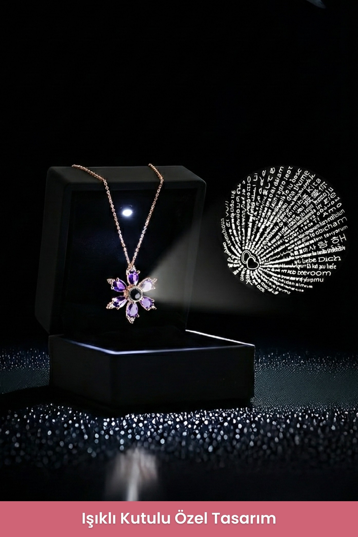 Lucente Jewellery Işıklı Hediye Kutulu 925 Ayar Luxury Serisi 100 Dilde Seni Seviyorum Yazan Gümüş Özel Gün Hediyesi Projeksiyon 45 Cm Zincirli Sonsuz Aşk Simgesi Küpe Hediyeli Mor Kamelya Lotus Çiçeği Kadın Kolye görsel 7
