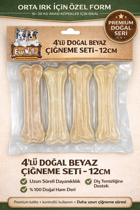 Eva & Wall-e Doğal Beyaz Köpek Kemiği 4’lü Set 12cm | Orta Irklar İçin Diş Ka...
