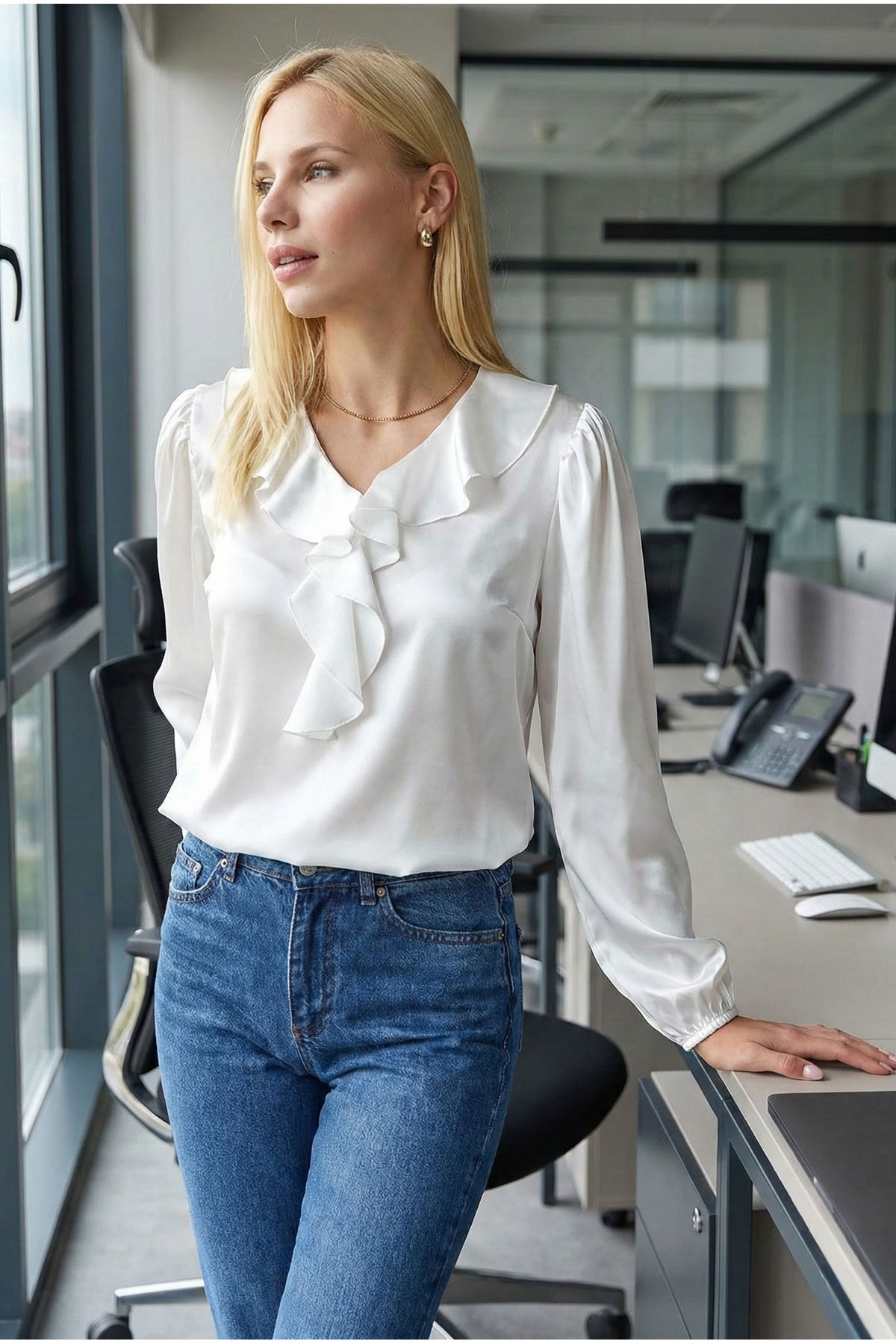 armonika Női fehérgalléros fodros váll, összehúzott ujjú, rugalmas pamut szat...