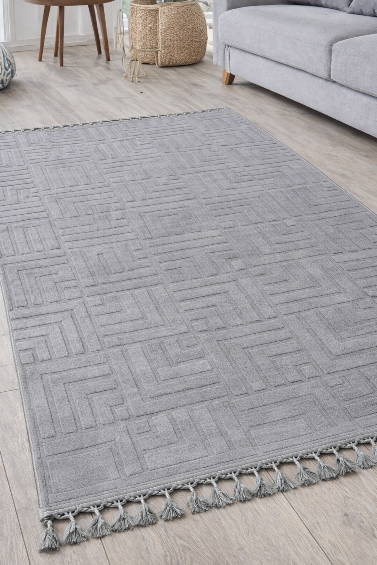Relief Knit Fringed Fountain Elite Anti-Slip Floor Living Room Kitchen Corridor Carpet Runner Rug GREY