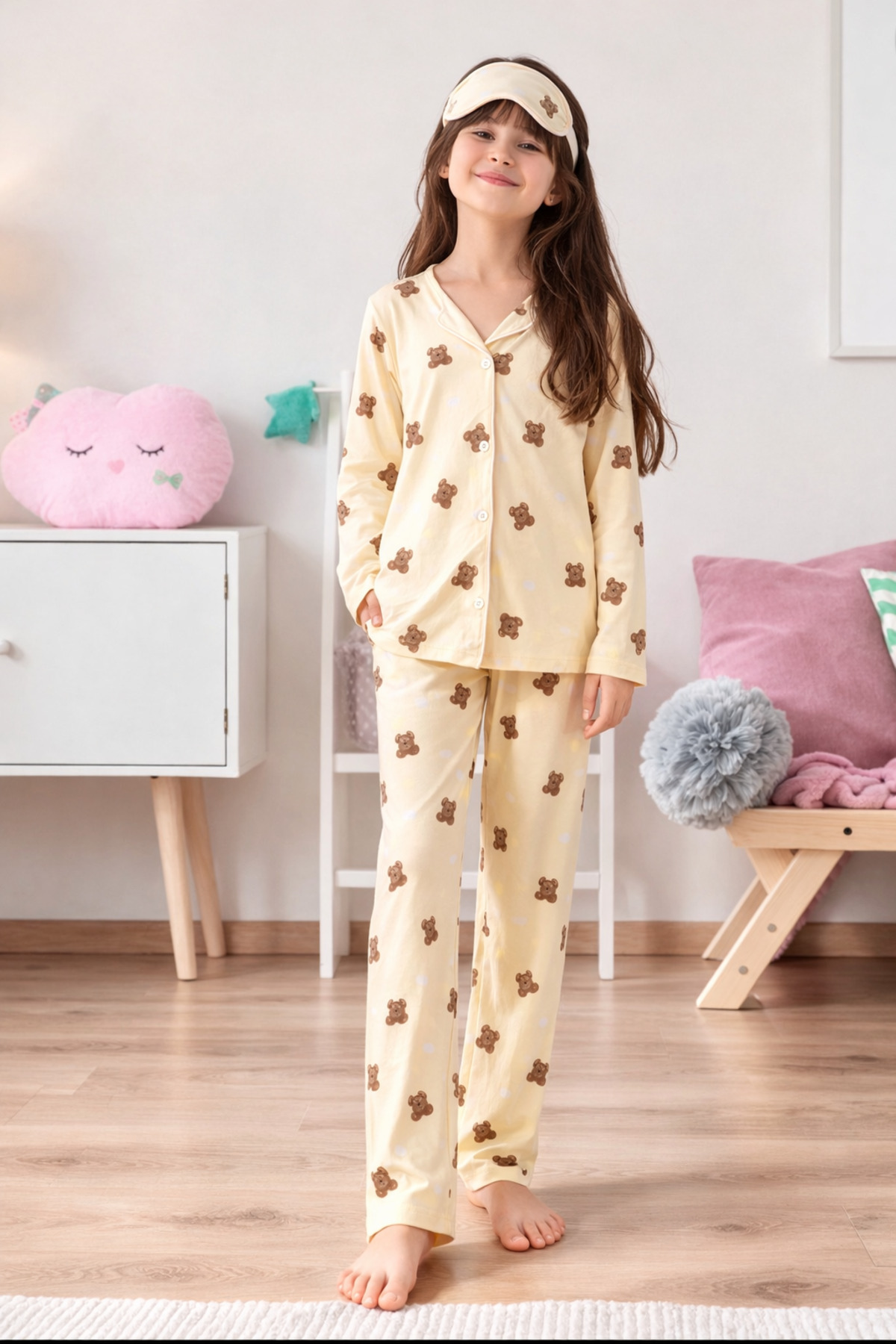 zahider Kız çocuk pamuklu kumaş düğmeli ayıcık desenli uyku bantlı pijama takımı fotoğrafı 2 (önizleme)