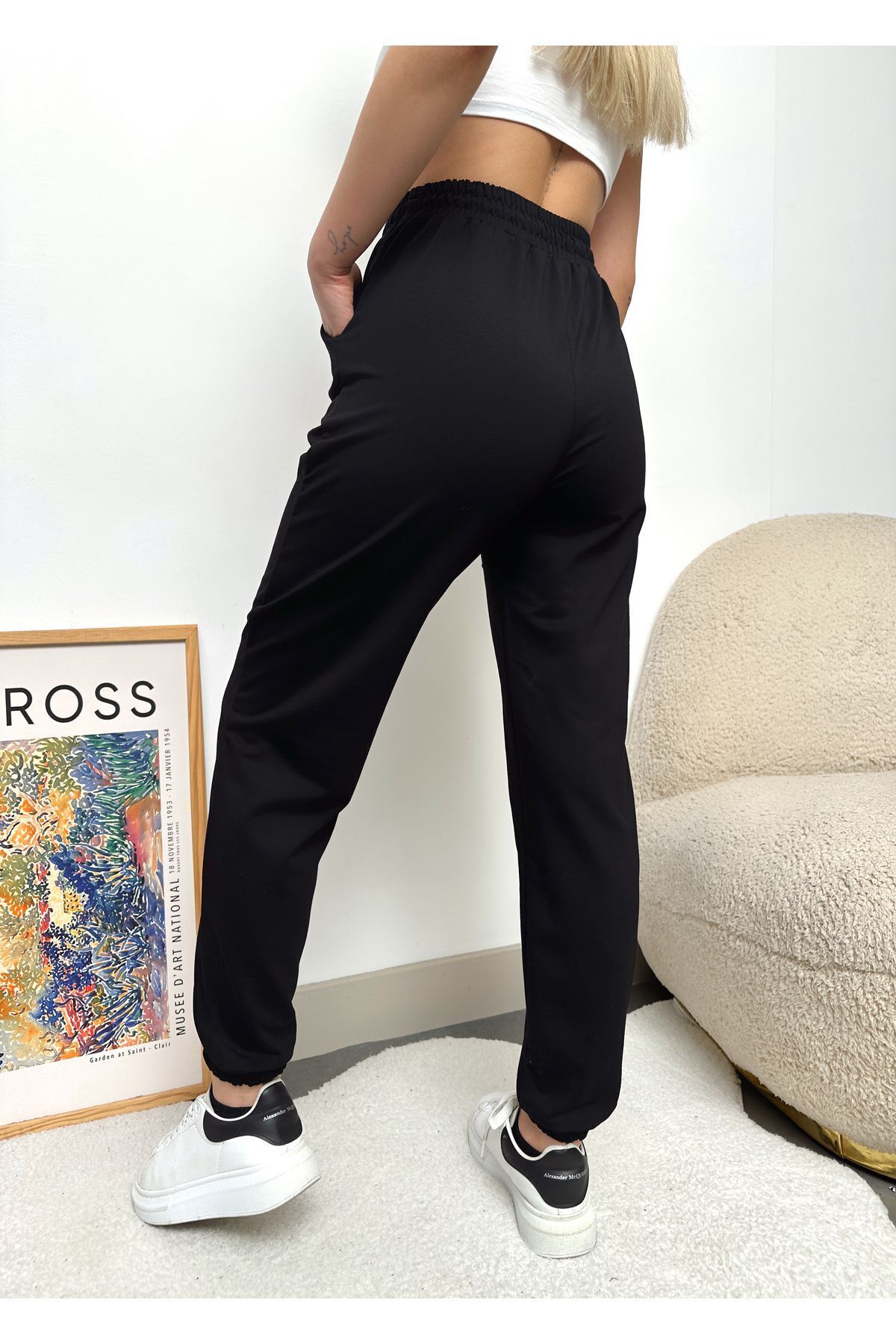 schlank  Kadın Siyah Paçası Lastikli Yüksek Bel Jogger Eşofman Altı - Görsel 5
