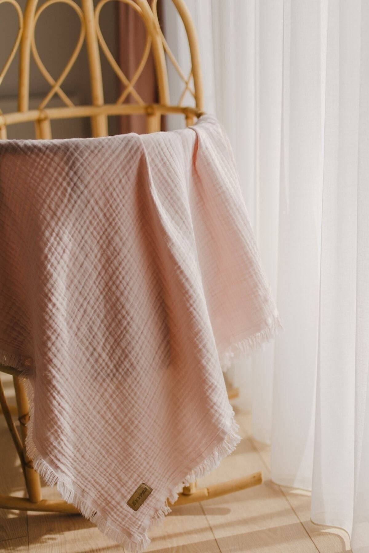 ZEYPBA % 100 Pamuk 4 Katlı Müslin Örtü Pudra 110x110 cm (Bebek & Çocuk İçin) Püsküllü fotoğrafı 2 (önizleme)
