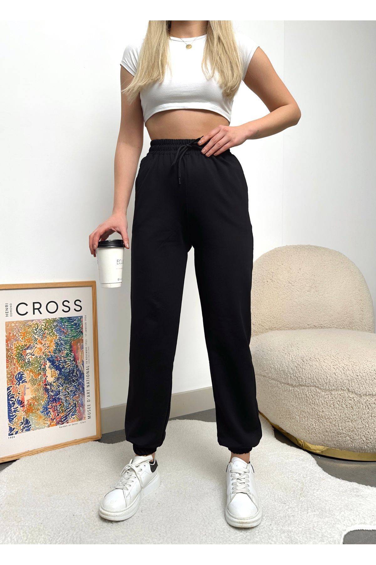 schlank  Kadın Siyah Paçası Lastikli Yüksek Bel Jogger Eşofman Altı - Görsel 3