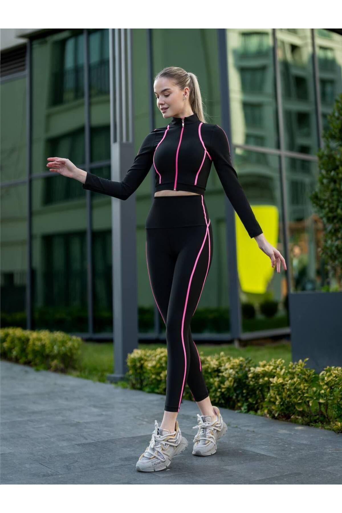 lismina Siyah Uzun Kollu Spor Ceket ( Neon Pembe Biyeli ) görsel 3