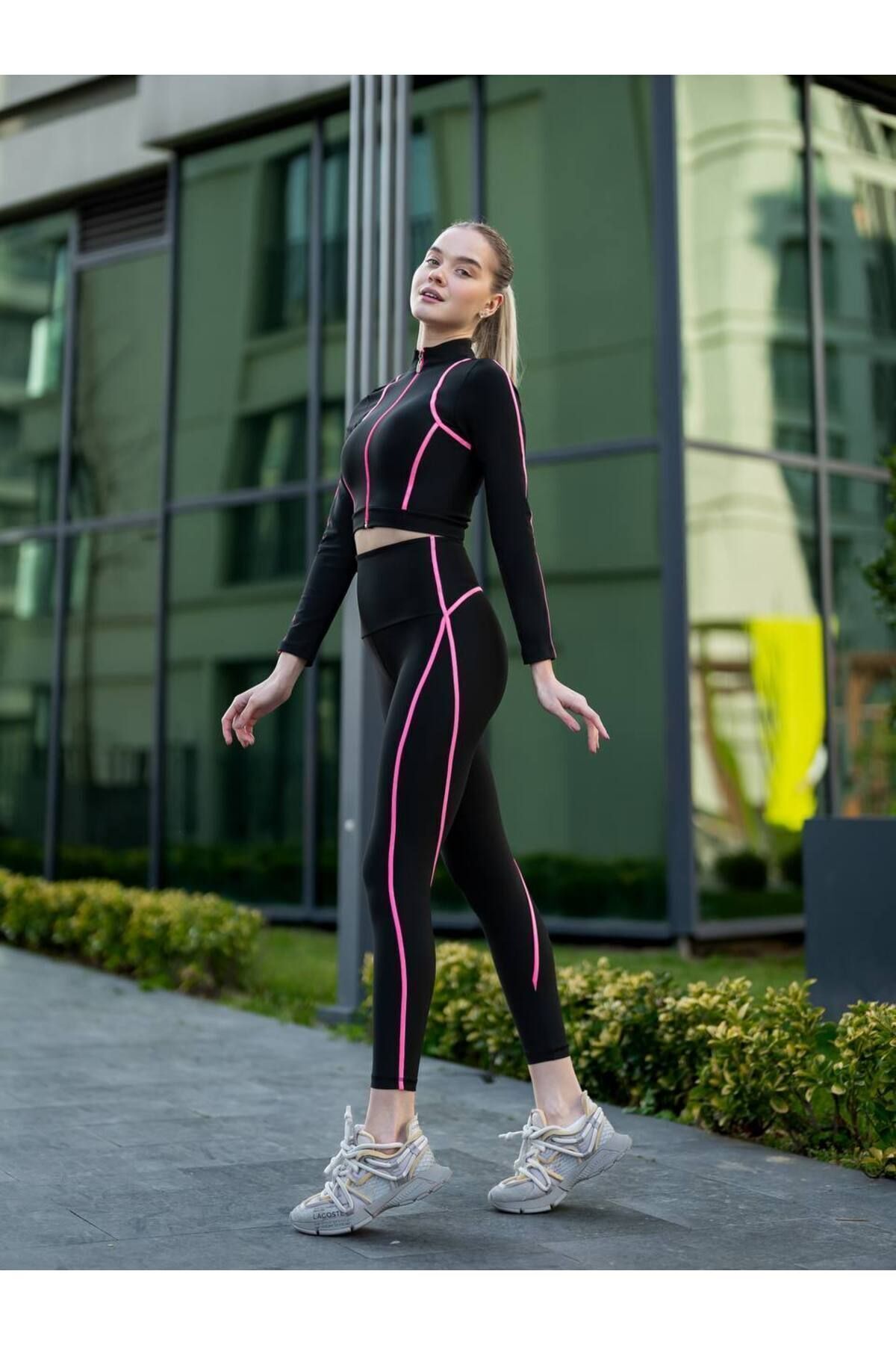 lismina Siyah Uzun Kollu Spor Ceket ( Neon Pembe Biyeli ) görsel 7