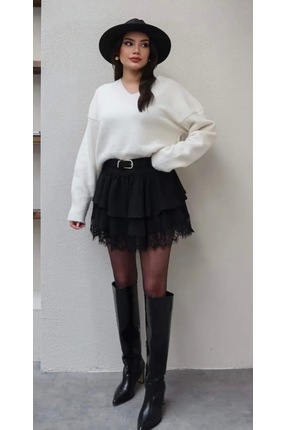 DEMORA Official Dantel Detaylı Kemerli Siyah Mini Etek