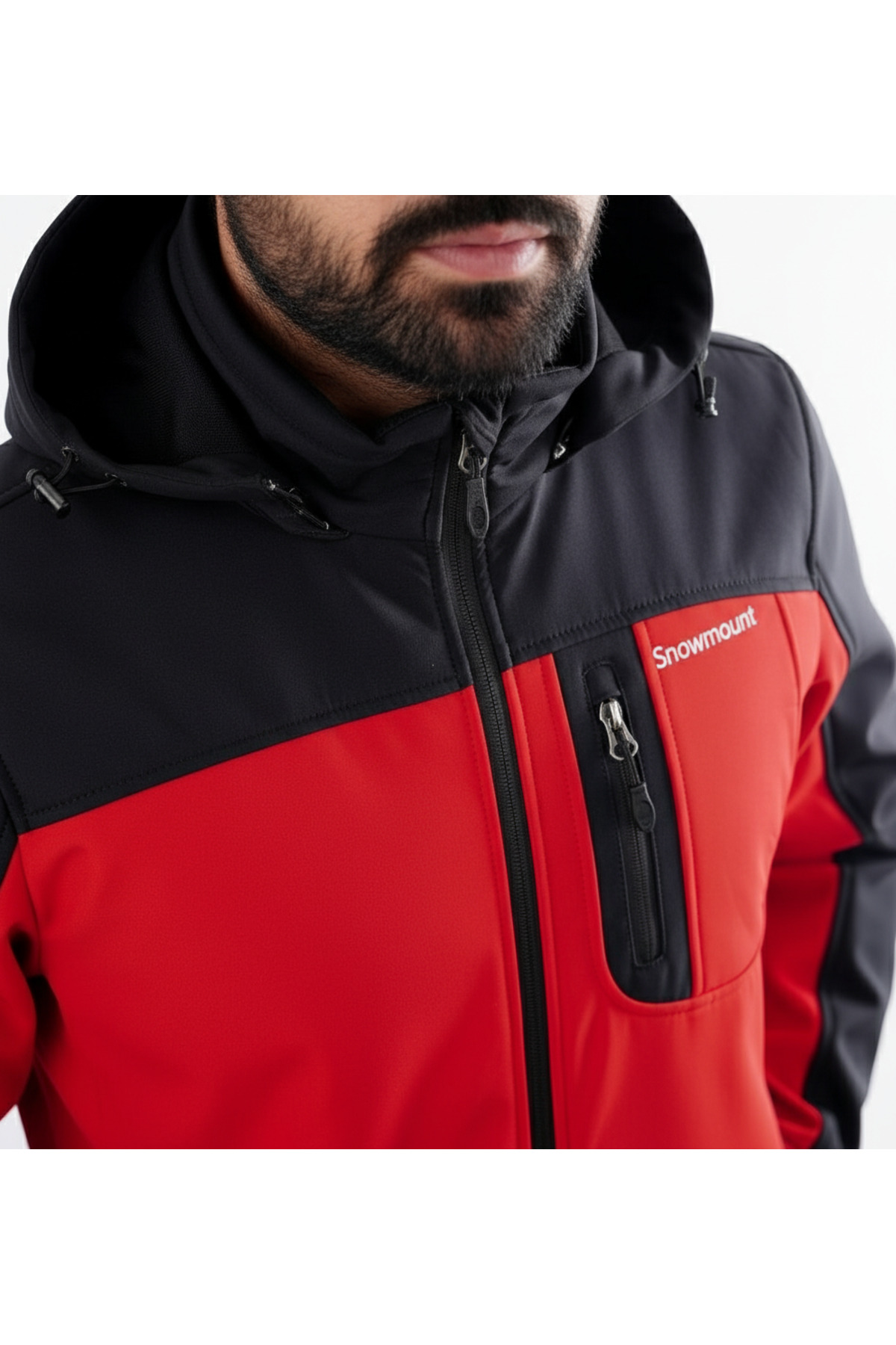 SNOWMOUNT Siyah Kırmızı Renk Softshell Sök Tak Kapüşonlu Polarlı Kışlık Mont görsel 5