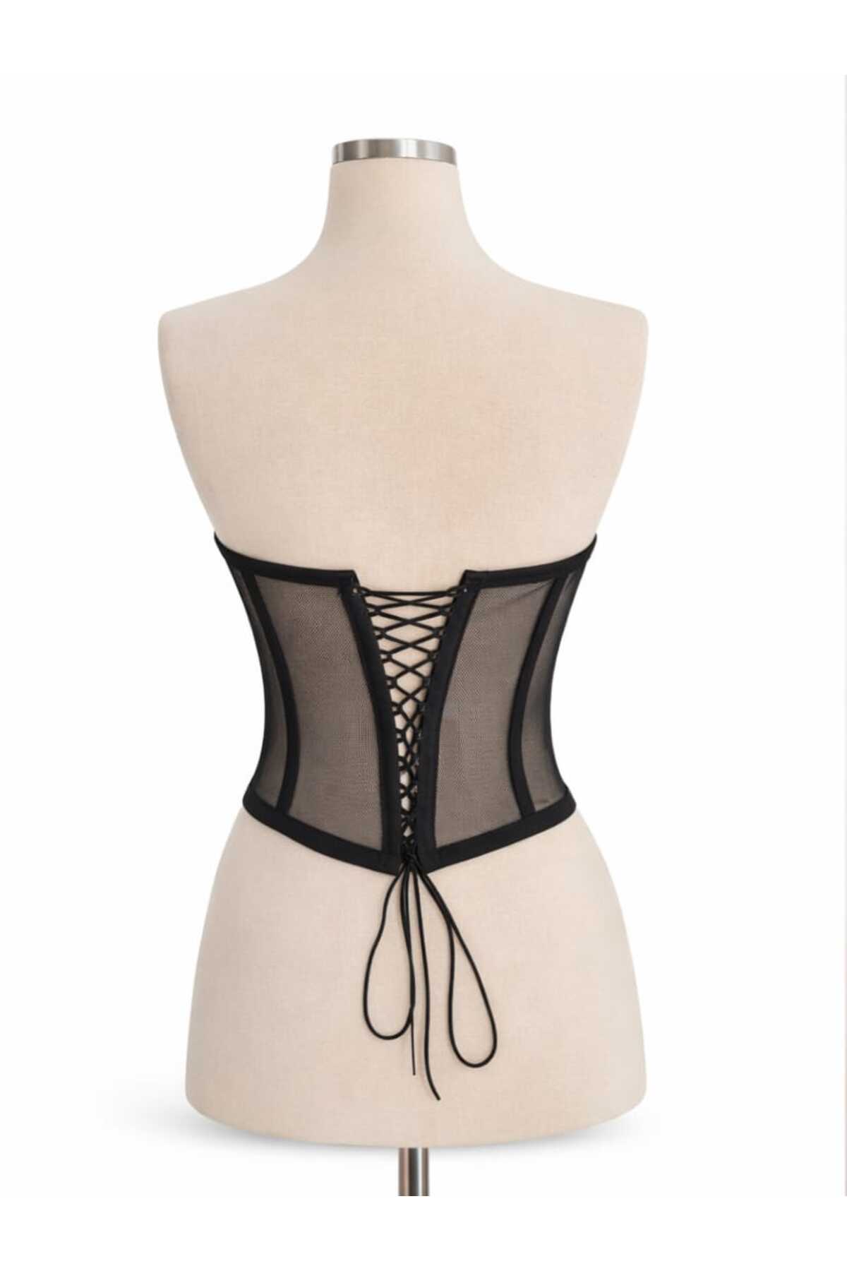 FİYPER  Siyah Transparan Balenli Korse Büstiyer Hazır Beden - Görsel 4