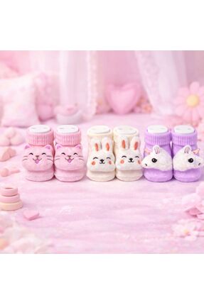 Akface 3 ÇİFT Oyuncaklı Yenidoğan KIZ Bebek Çorabı 0-6 Ay ( manken ayak dahil...