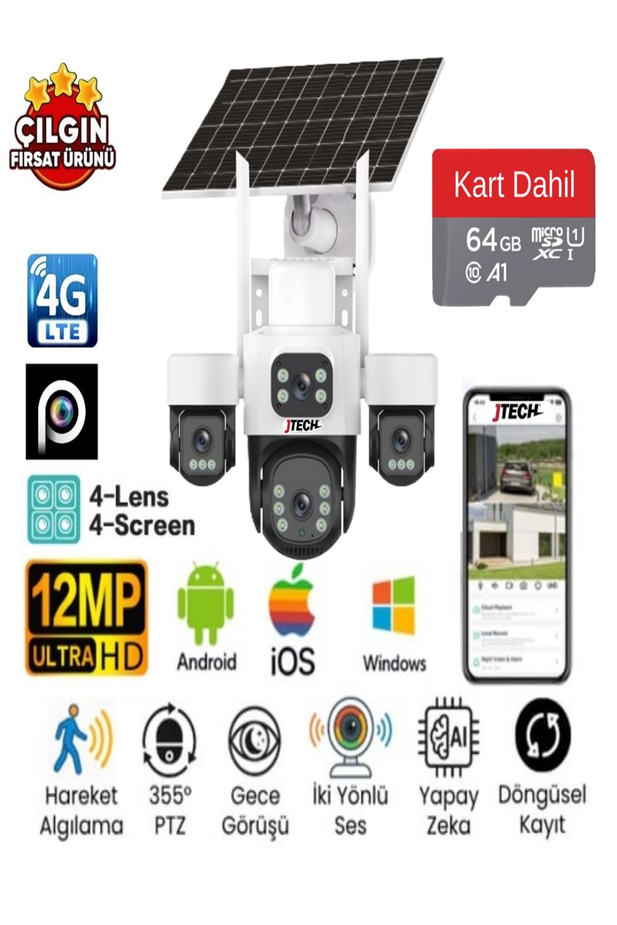 jtech Inox X14 3mp+3mp+3mp+3mp 12MP Aov e-Sim 4g 2xSolar Panelli 4 Kameralı 1 Ptz Akıllı Kamera