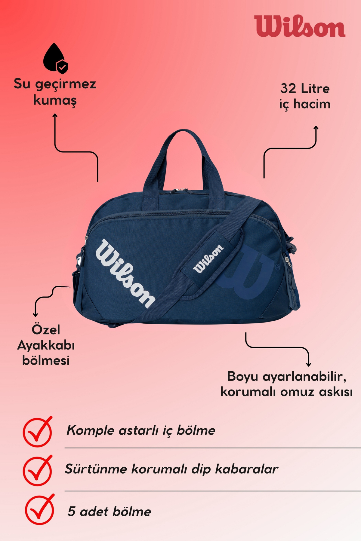 Wilson  Lisanslı Unisex Su Geçirmez Gym Fitness Spor ve Seyahat Çantası El Valizi - Görsel 7