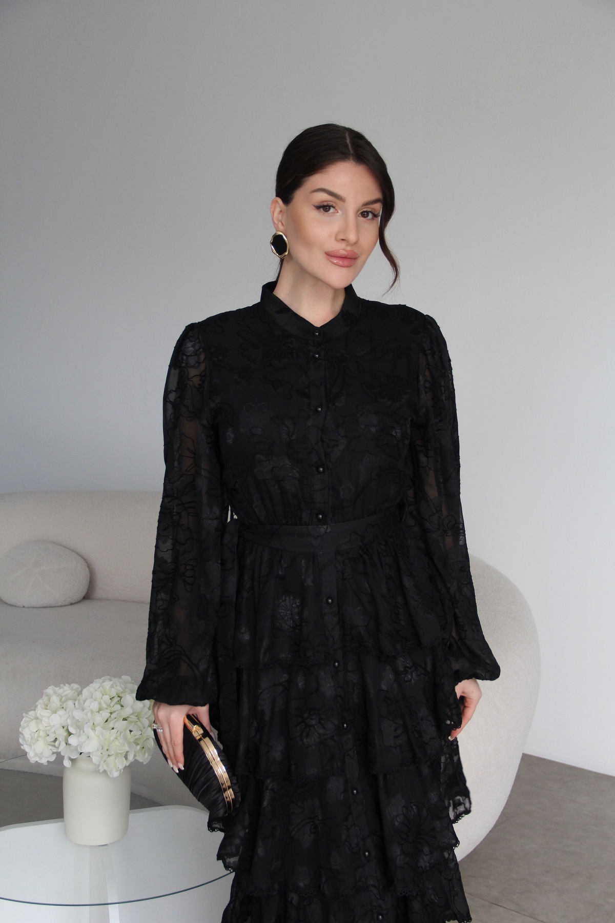 Full Length Button Embroidered Belted Waist Elastic Detailed Layer Premium Design Dress